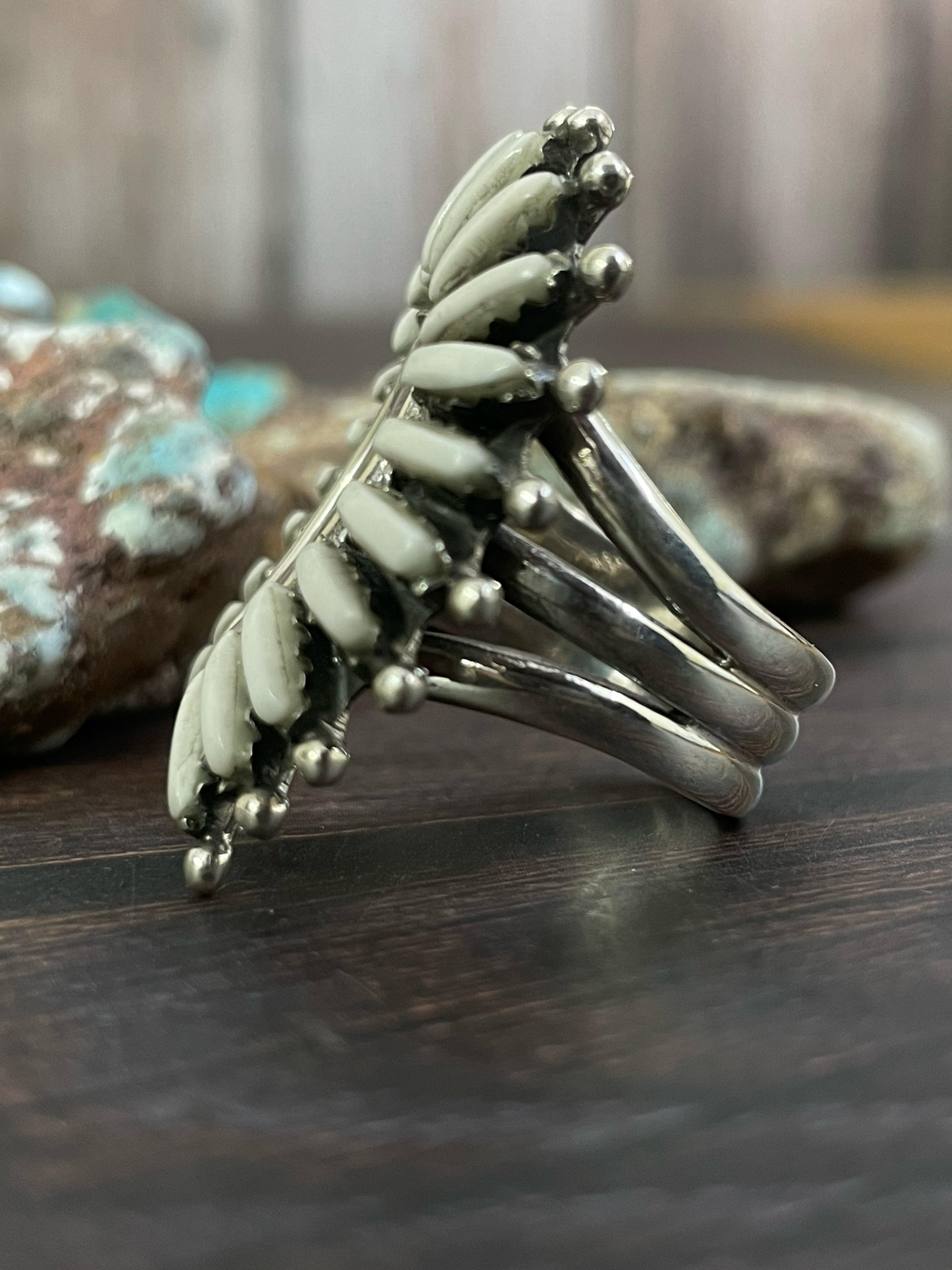 Handmade Sterling Silver White Buffalo Turquoise Adjustable Ring, Signed Nizhoni