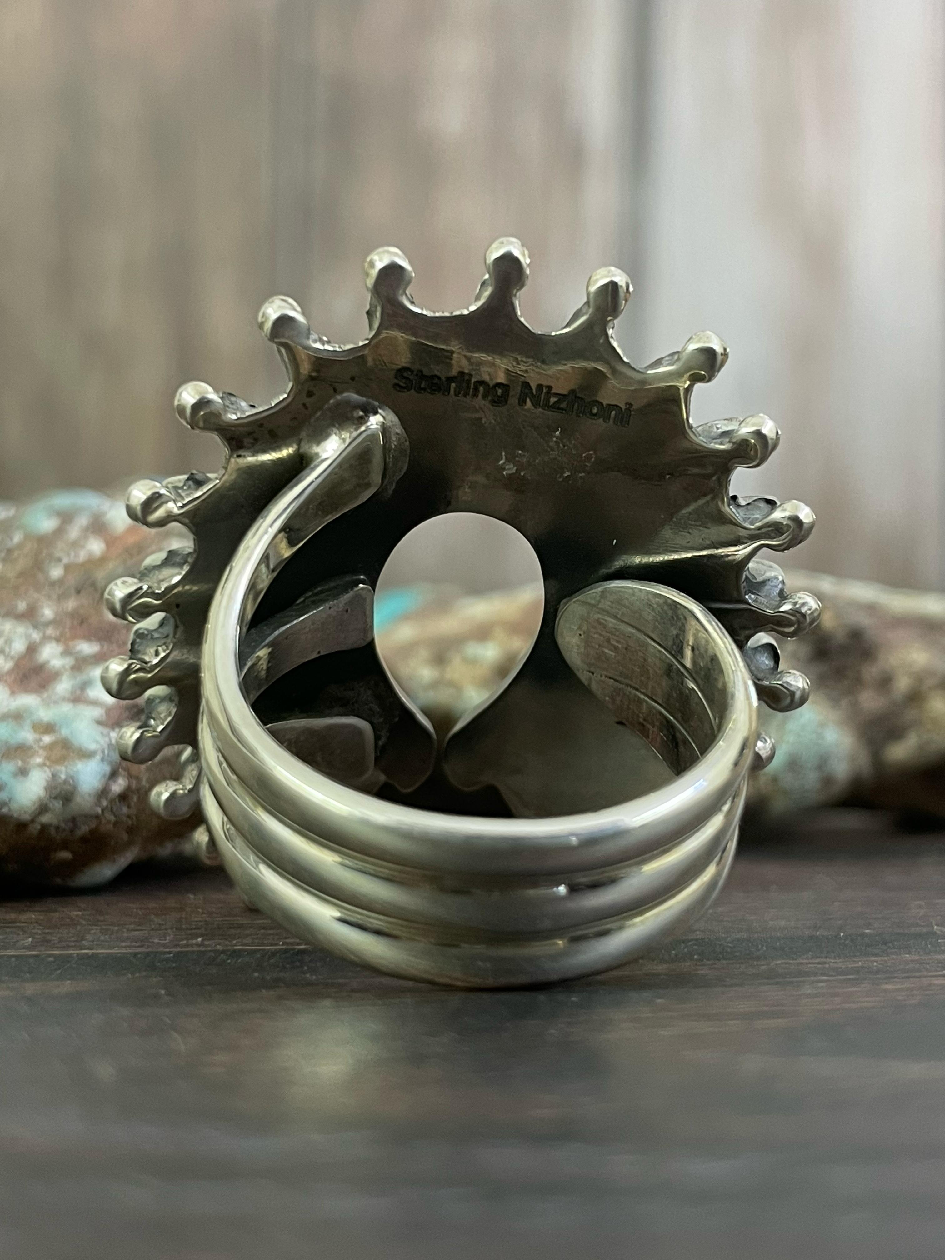 Handmade Sterling Silver White Buffalo Turquoise Adjustable Ring, Signed Nizhoni