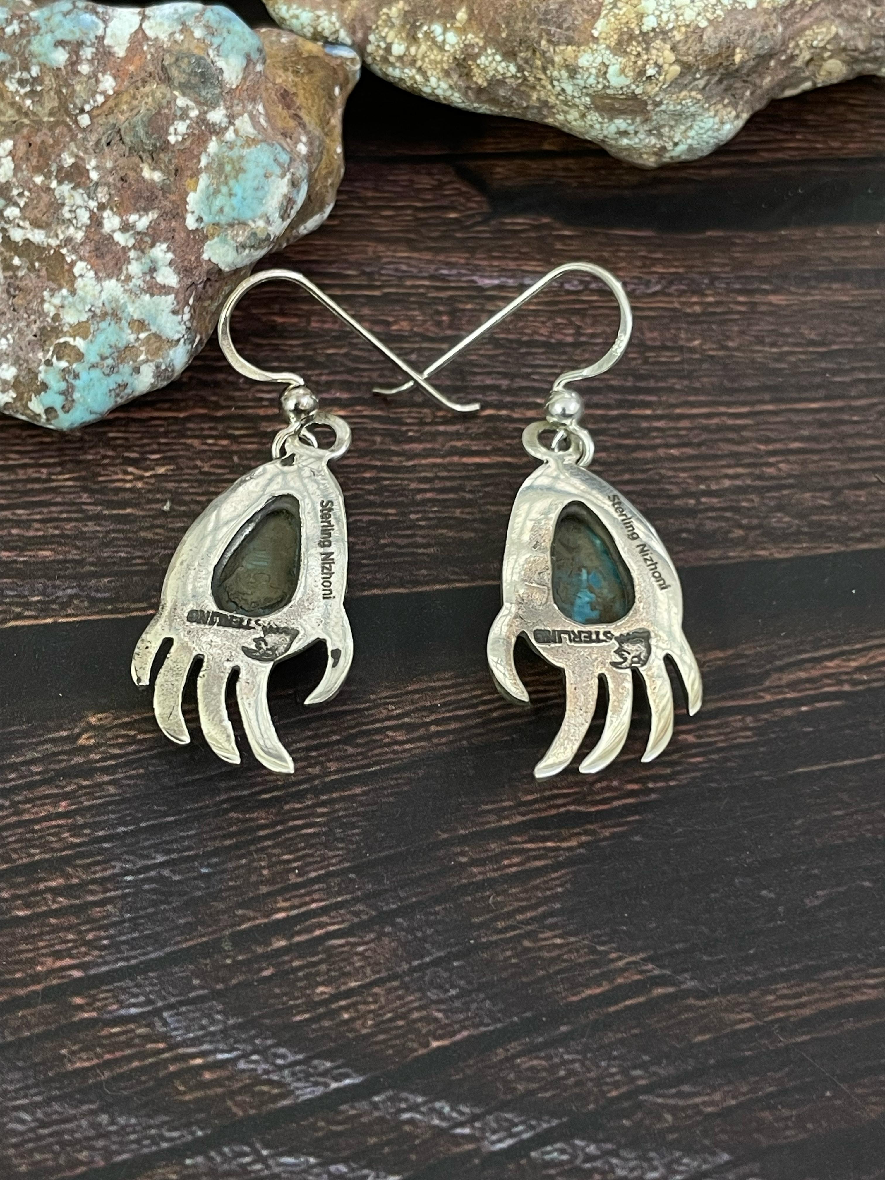 Handmade Sterling Silver, Kingman Turquoise Dangle Earrings, Signed Nizhoni