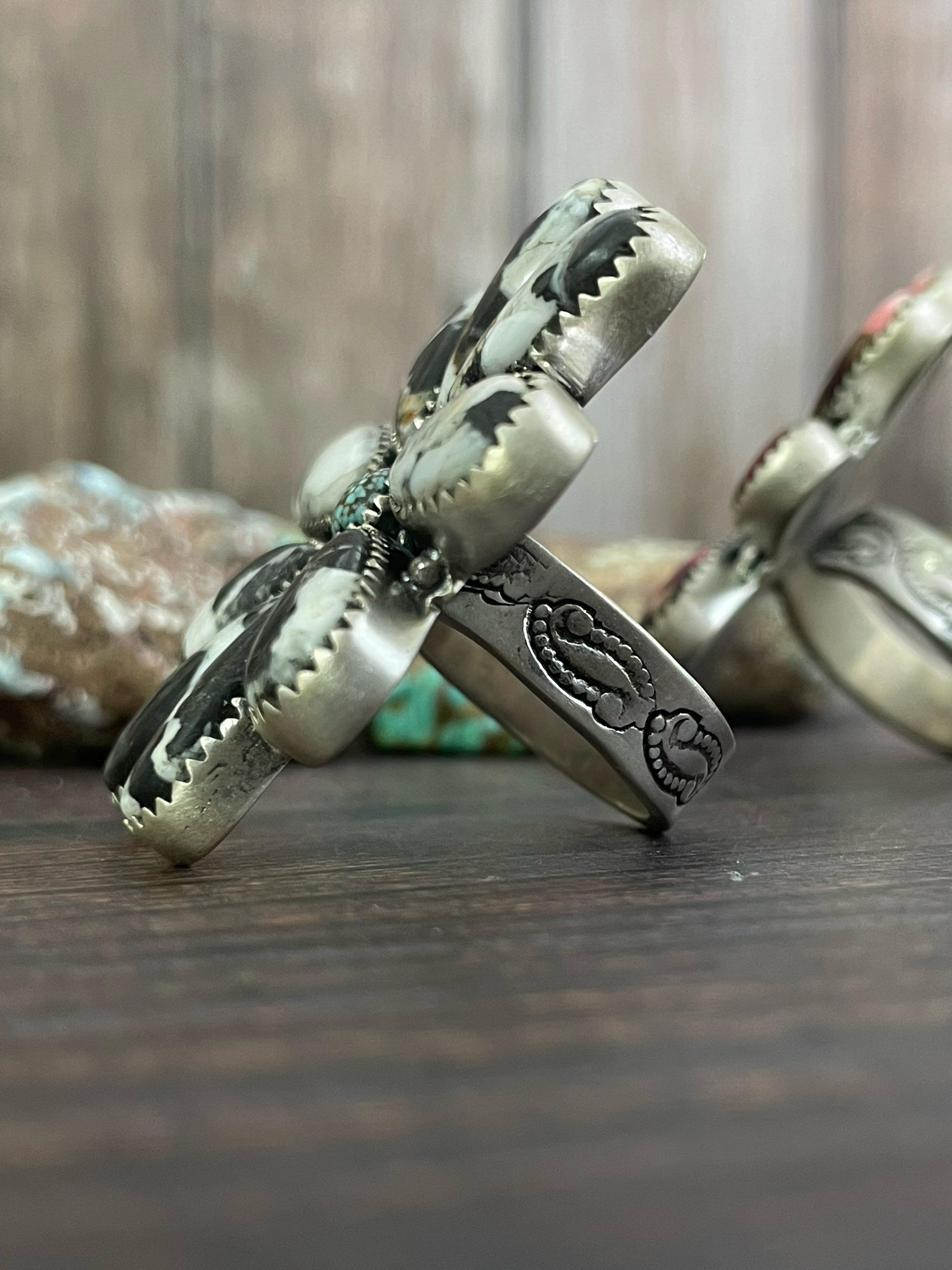 Handmade Sterling Silver Red Rose Dahlia, White Buffalo and Black Onyx Adjustable Ring, Signed Nizhoni