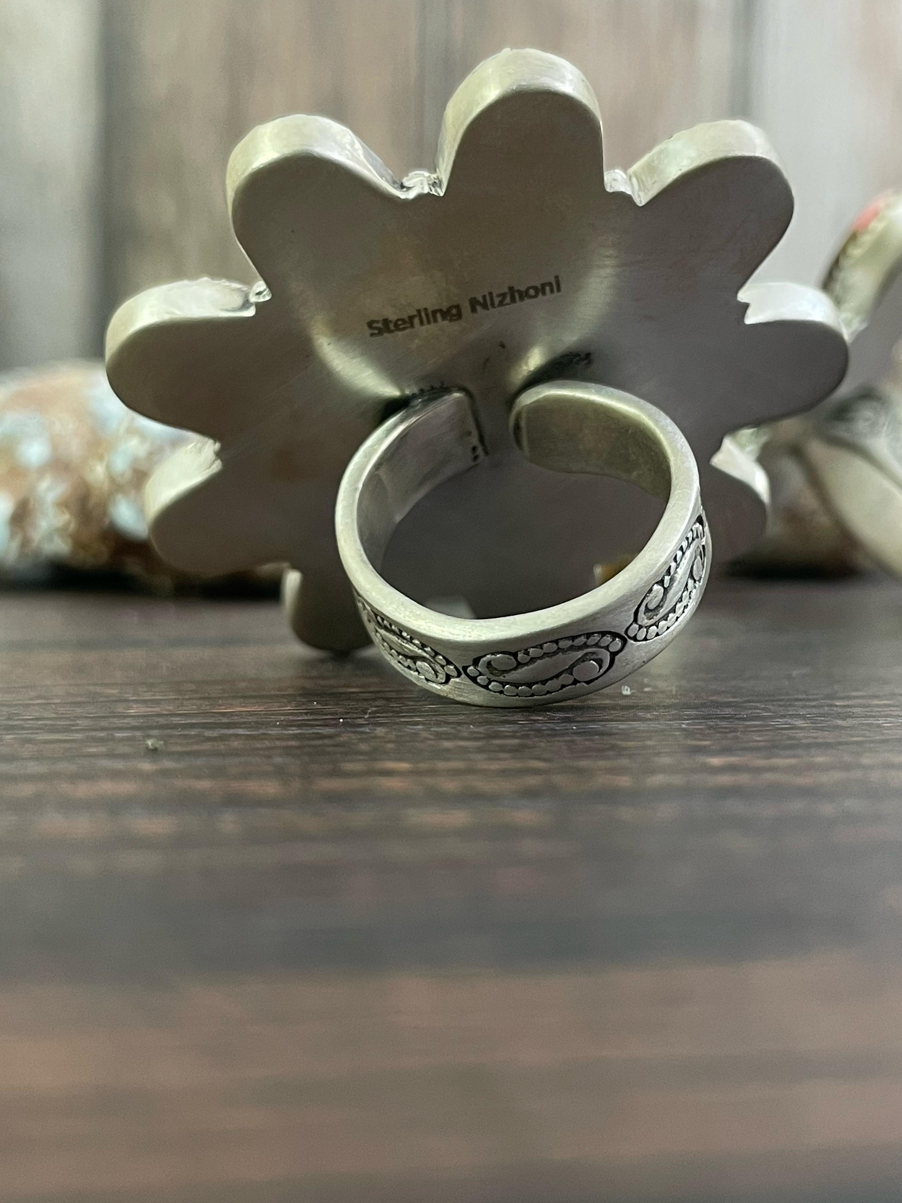 Handmade Sterling Silver Red Rose Dahlia, White Buffalo and Black Onyx Adjustable Ring, Signed Nizhoni