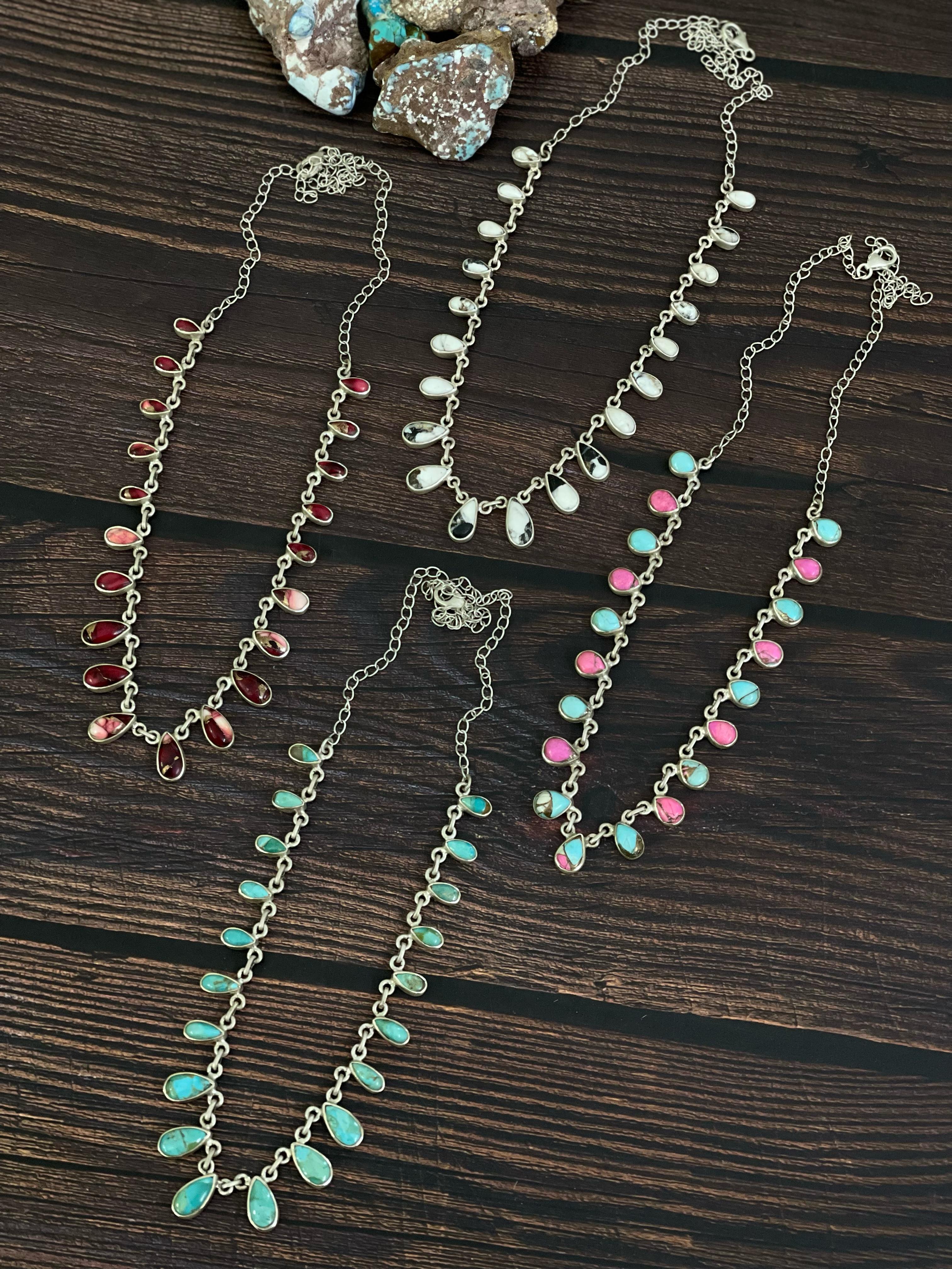 Handmade Sterling Silver Red Rose Dahlia, Cotton Candy, White Buffalo, Kingman Turquoise Necklace, Signed Nizhoni