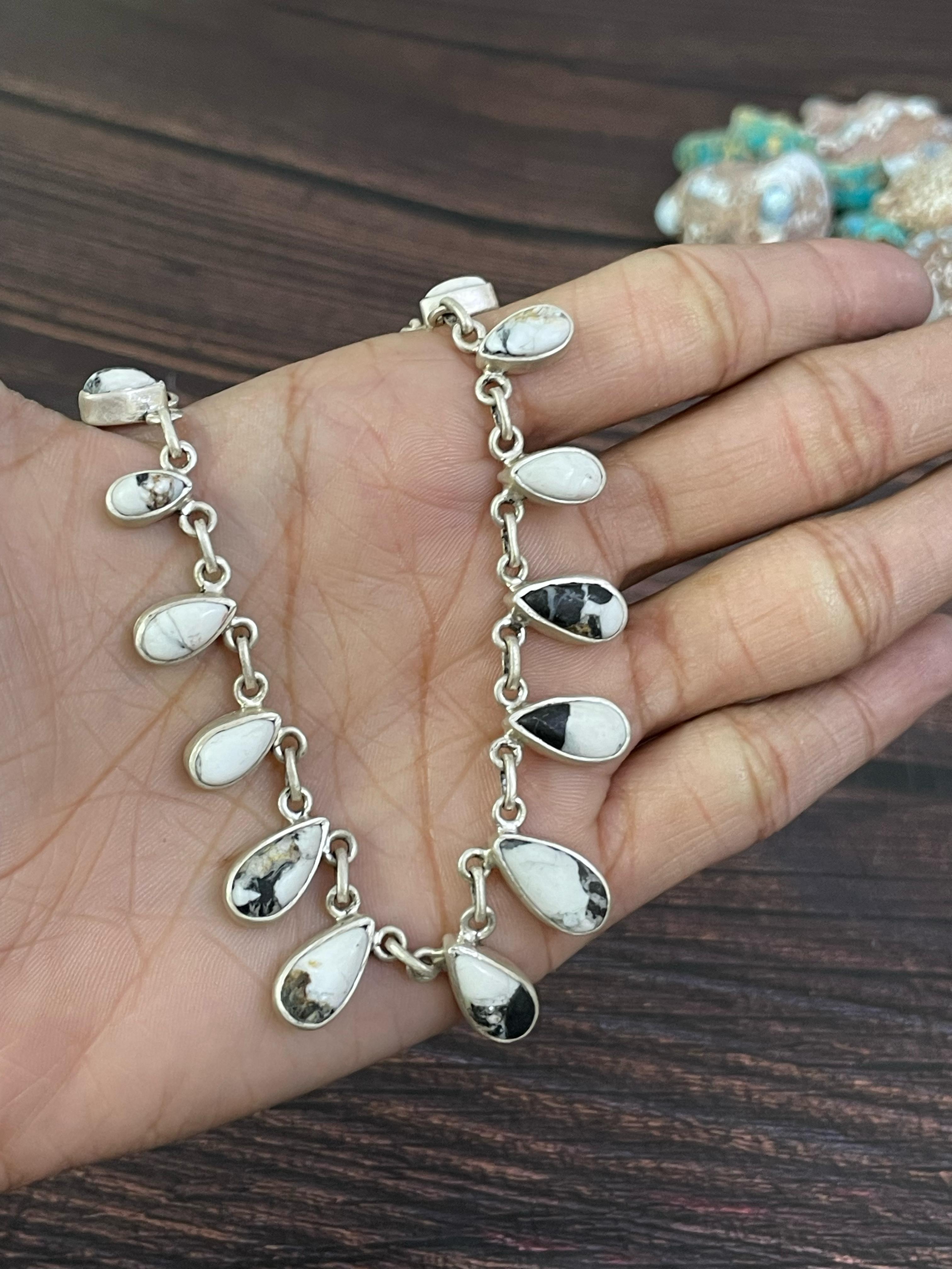 Handmade Sterling Silver Red Rose Dahlia, Cotton Candy, White Buffalo, Kingman Turquoise Necklace, Signed Nizhoni