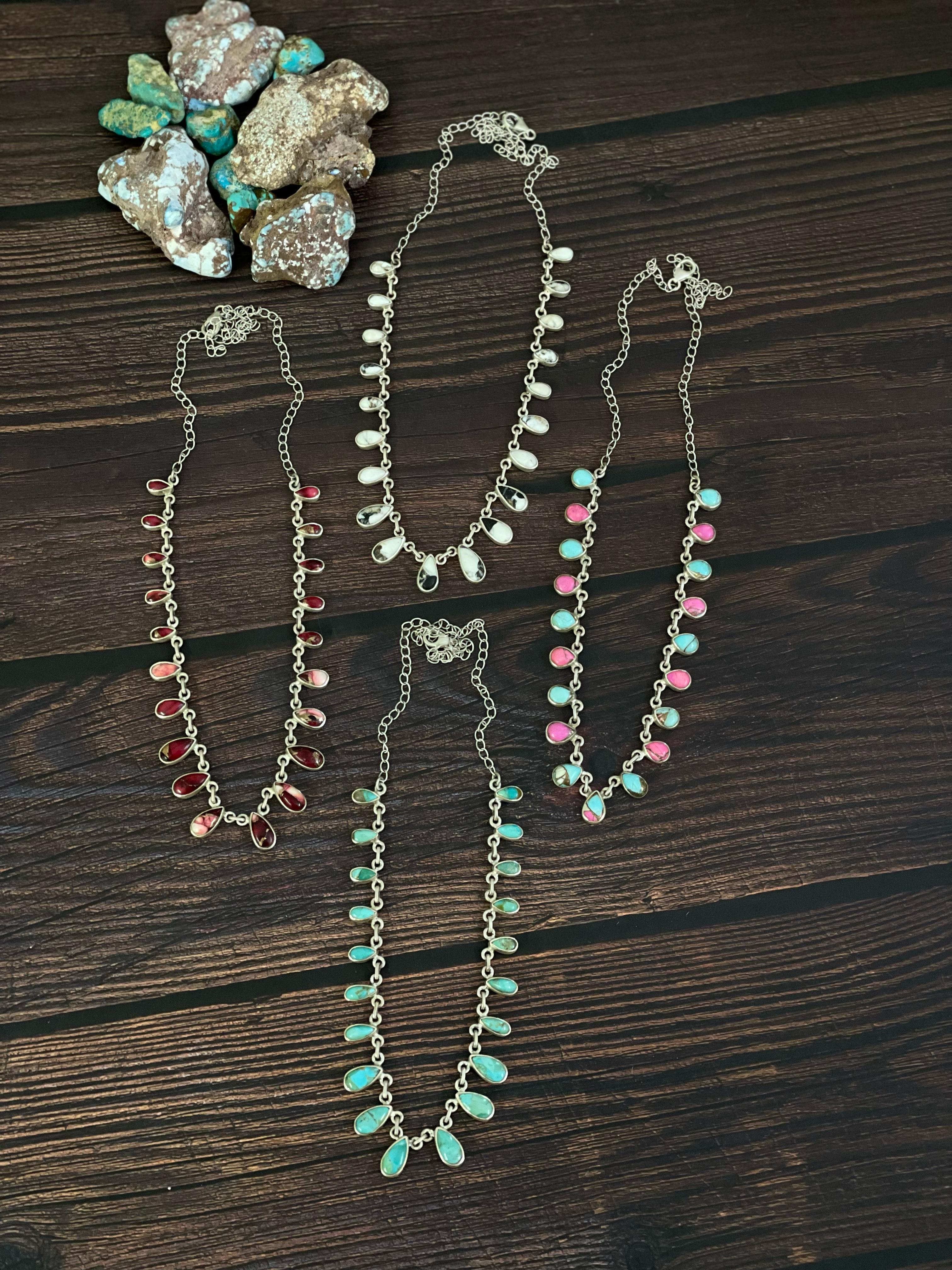Handmade Sterling Silver Red Rose Dahlia, Cotton Candy, White Buffalo, Kingman Turquoise Necklace, Signed Nizhoni