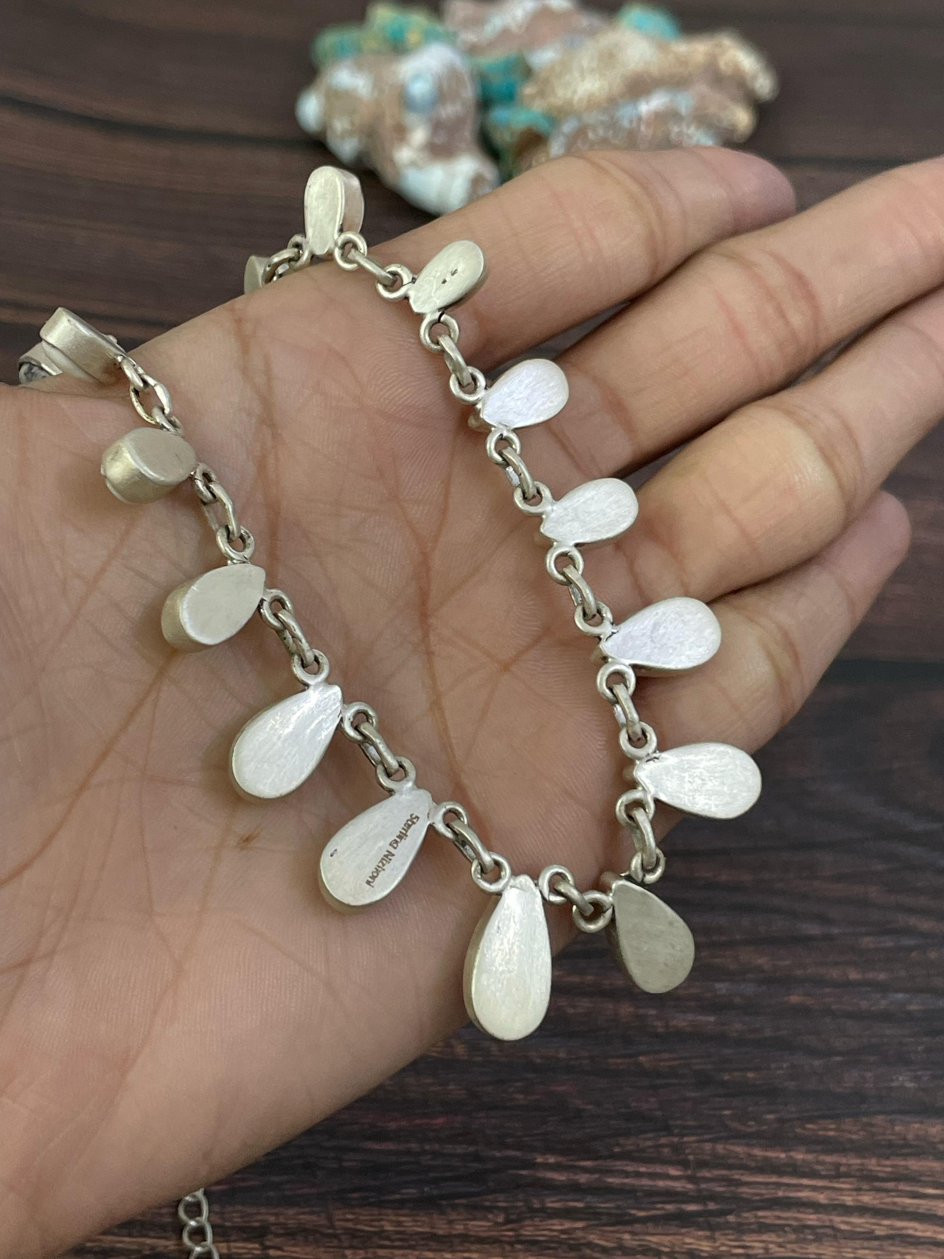 Handmade Sterling Silver Red Rose Dahlia, Cotton Candy, White Buffalo, Kingman Turquoise Necklace, Signed Nizhoni