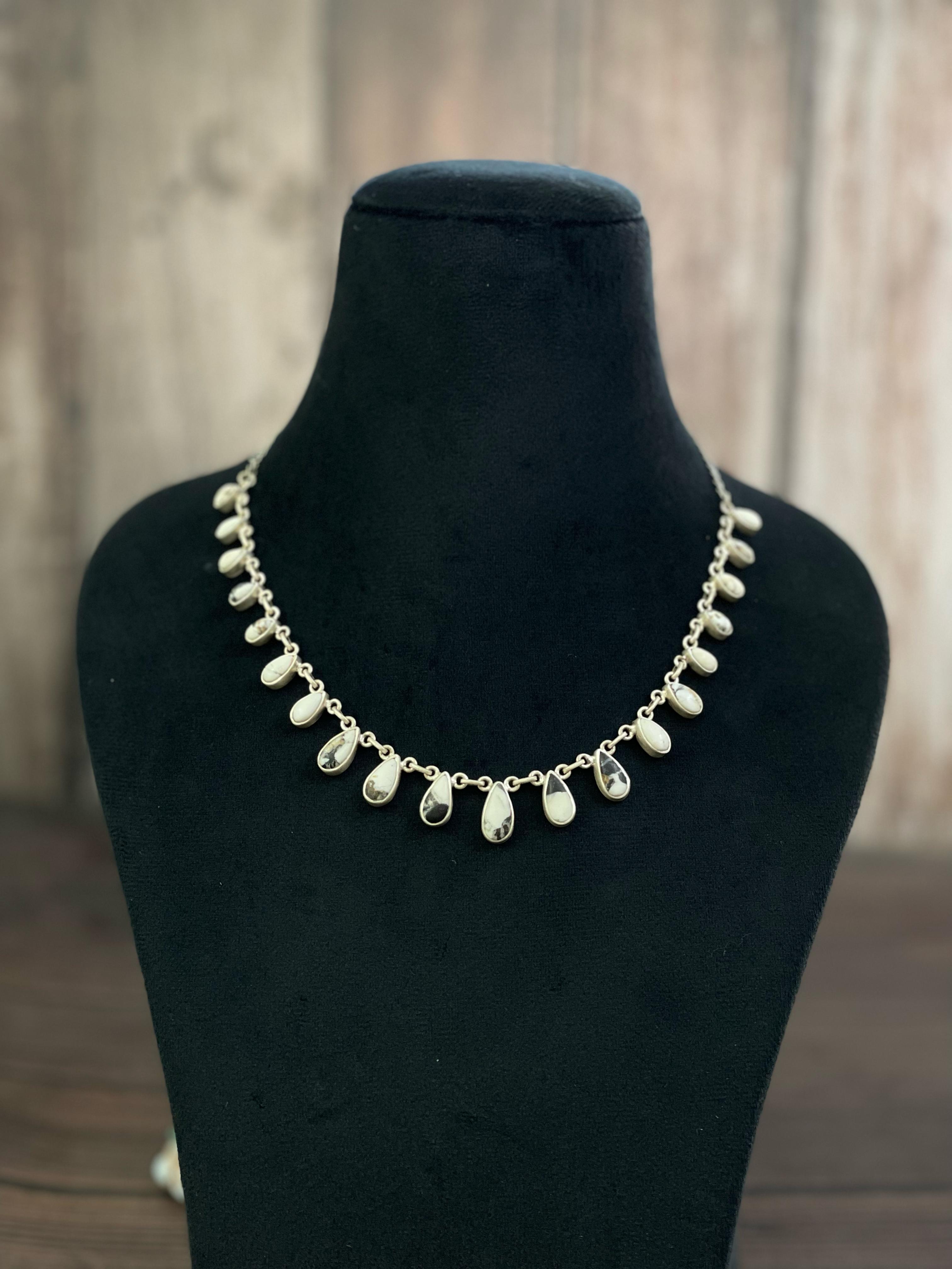 Handmade Sterling Silver Red Rose Dahlia, Cotton Candy, White Buffalo, Kingman Turquoise Necklace, Signed Nizhoni