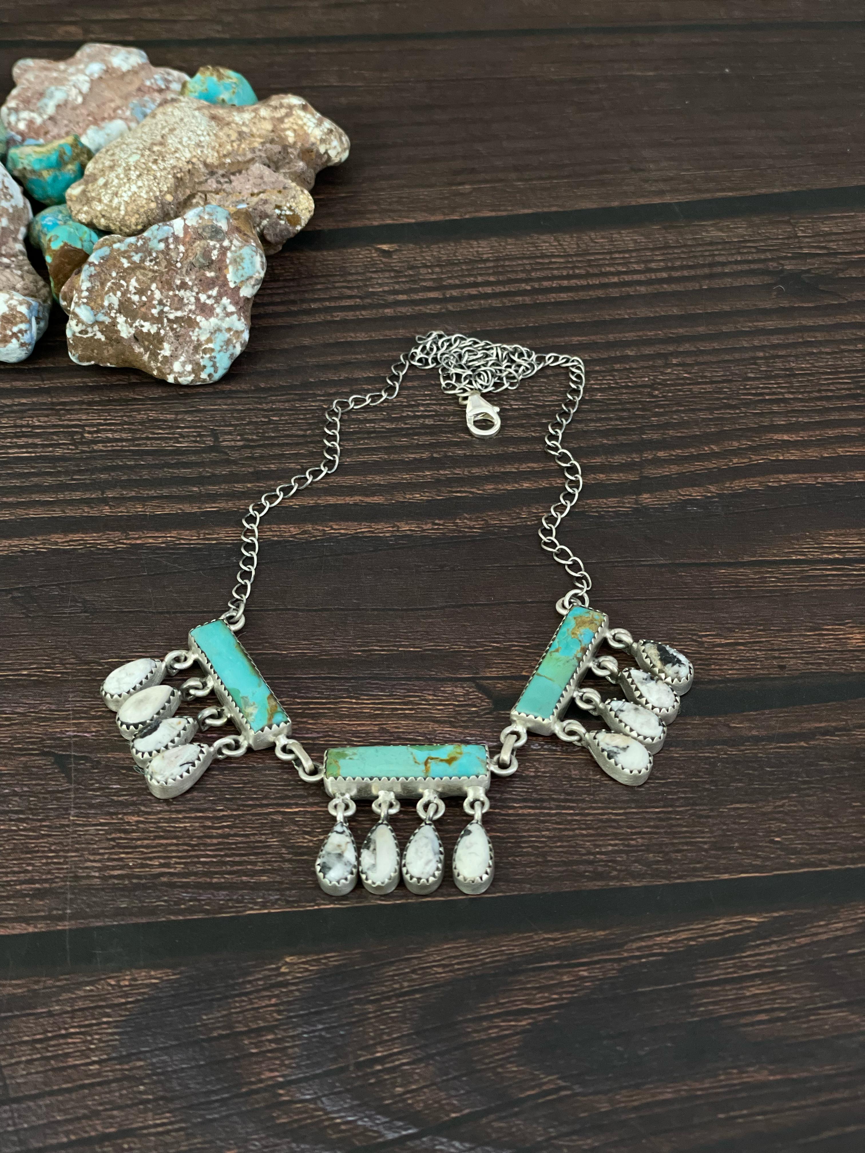 Handmade Sterling Silver Kingman and White Buffalo Turquoise Necklace, Signed Nizhoni