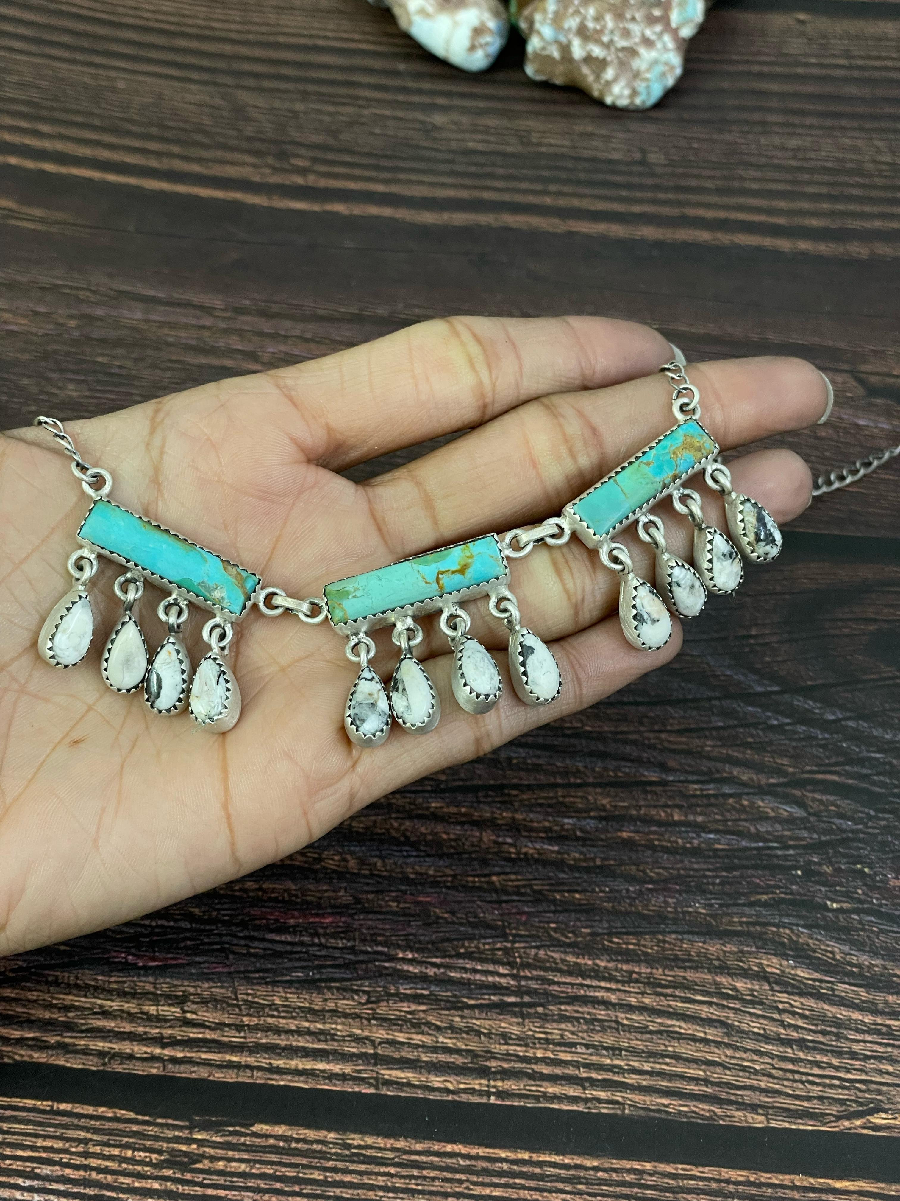 Handmade Sterling Silver Kingman and White Buffalo Turquoise Necklace, Signed Nizhoni