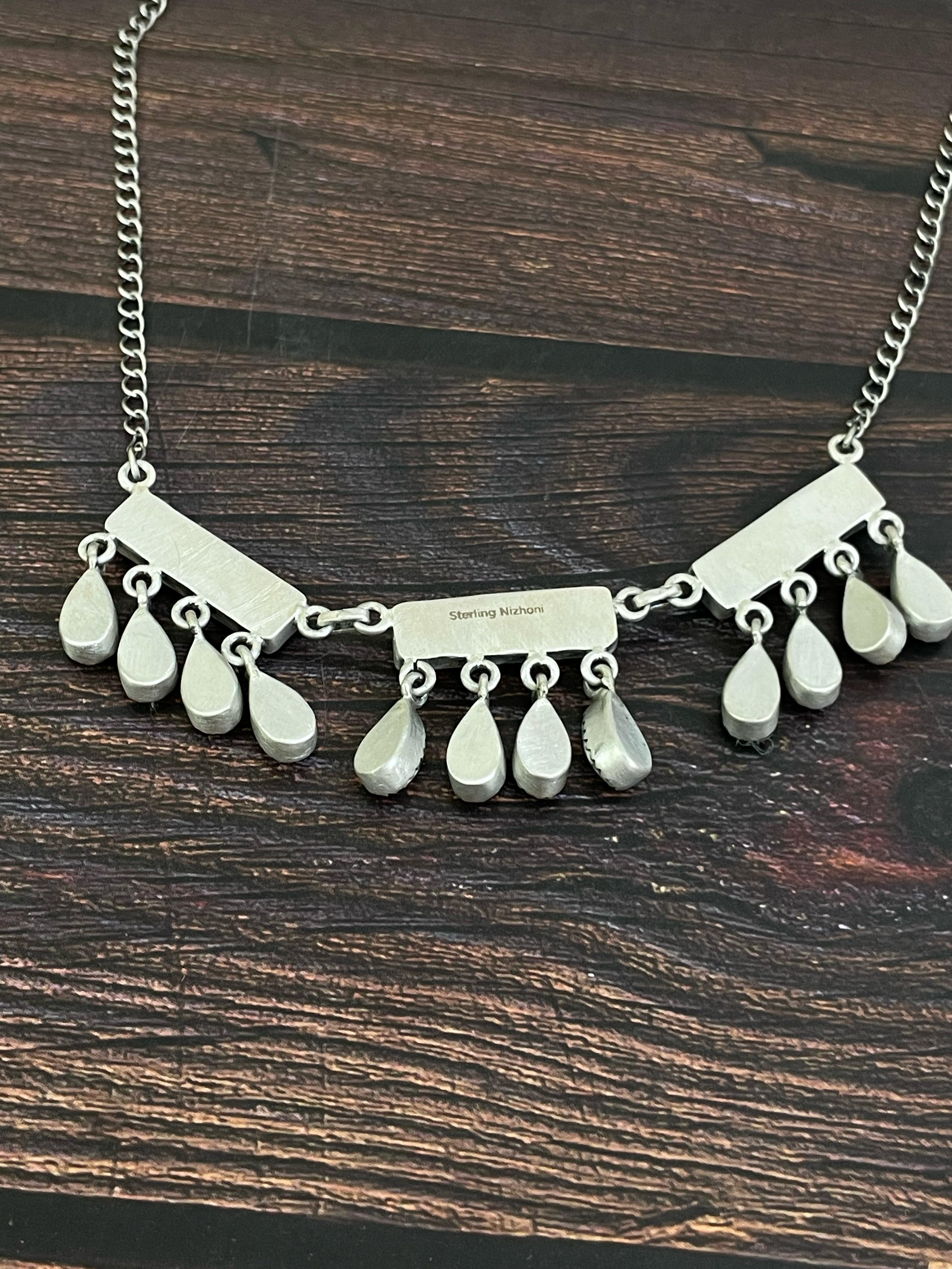 Handmade Sterling Silver Kingman and White Buffalo Turquoise Necklace, Signed Nizhoni