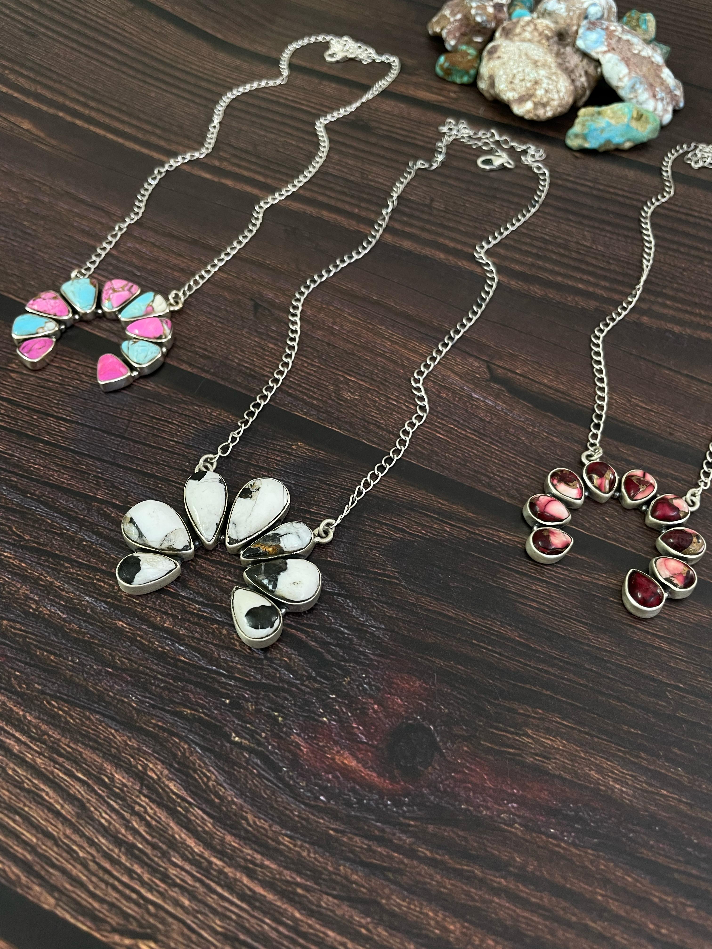 Handmade Sterling Silver Cotton Candy, White Buffalo, Rose Dahlia Naja Necklace, Signed Nizhoni