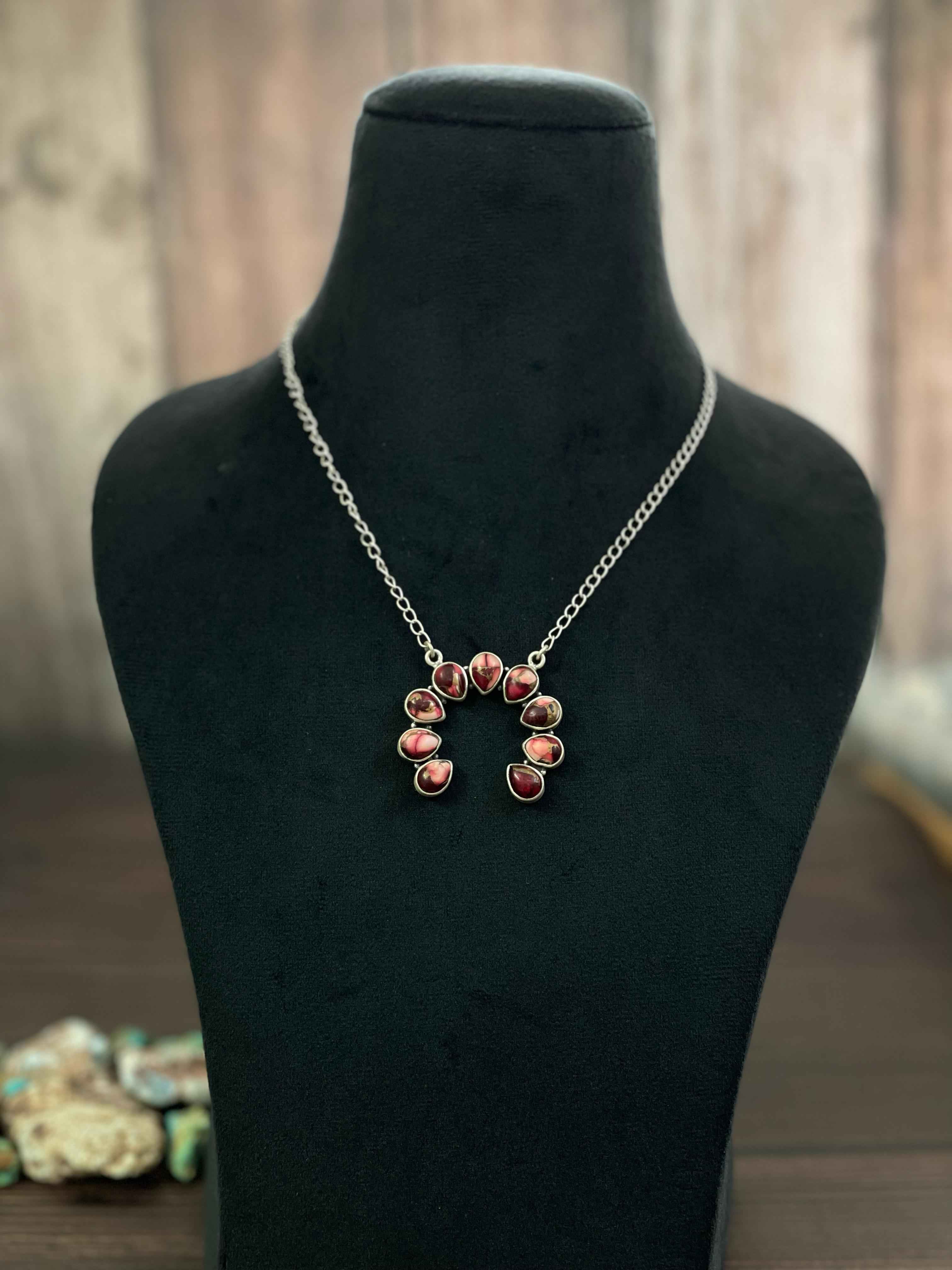 Handmade Sterling Silver Cotton Candy, White Buffalo, Rose Dahlia Naja Necklace, Signed Nizhoni