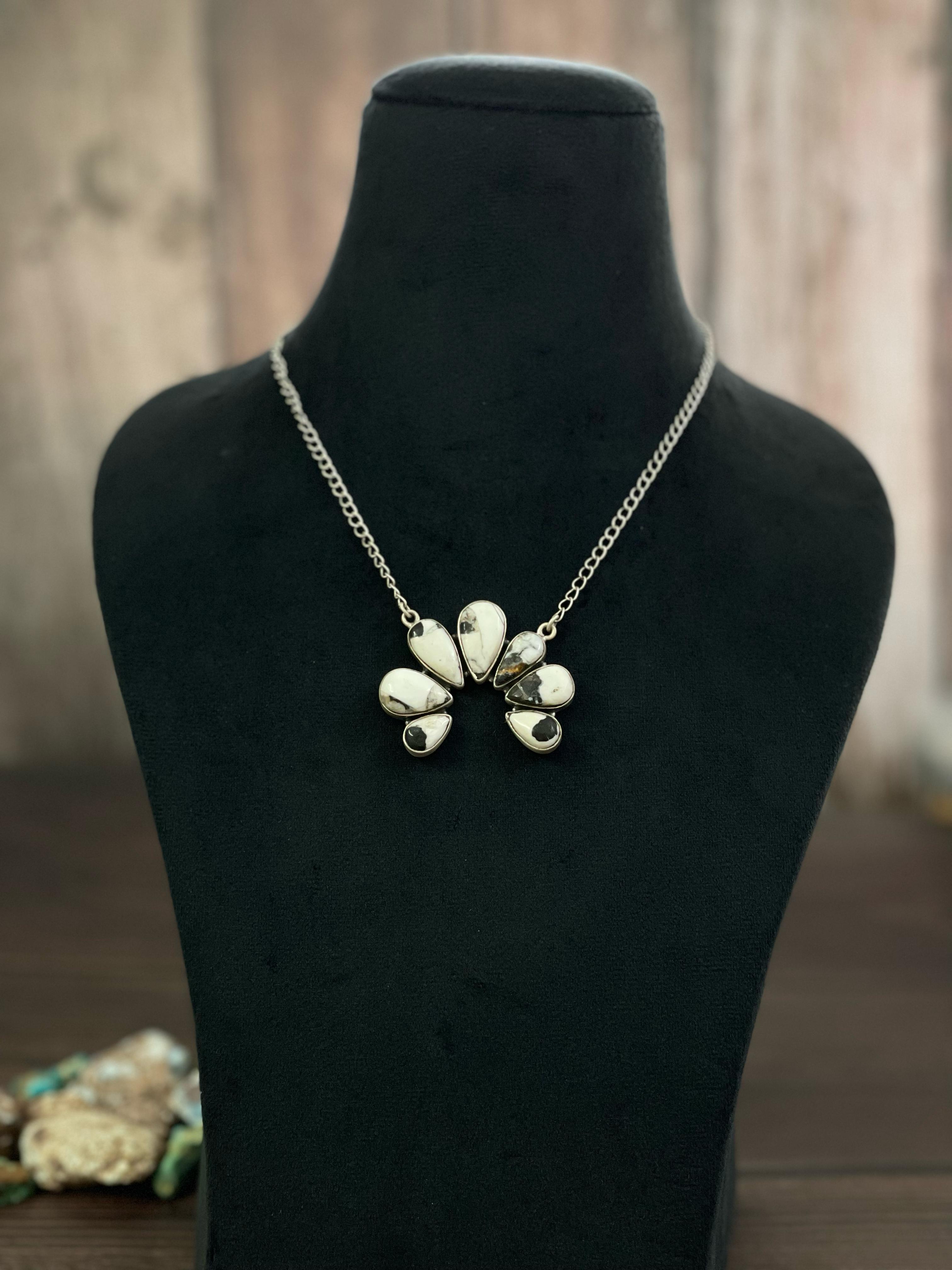 Handmade Sterling Silver Cotton Candy, White Buffalo, Rose Dahlia Naja Necklace, Signed Nizhoni