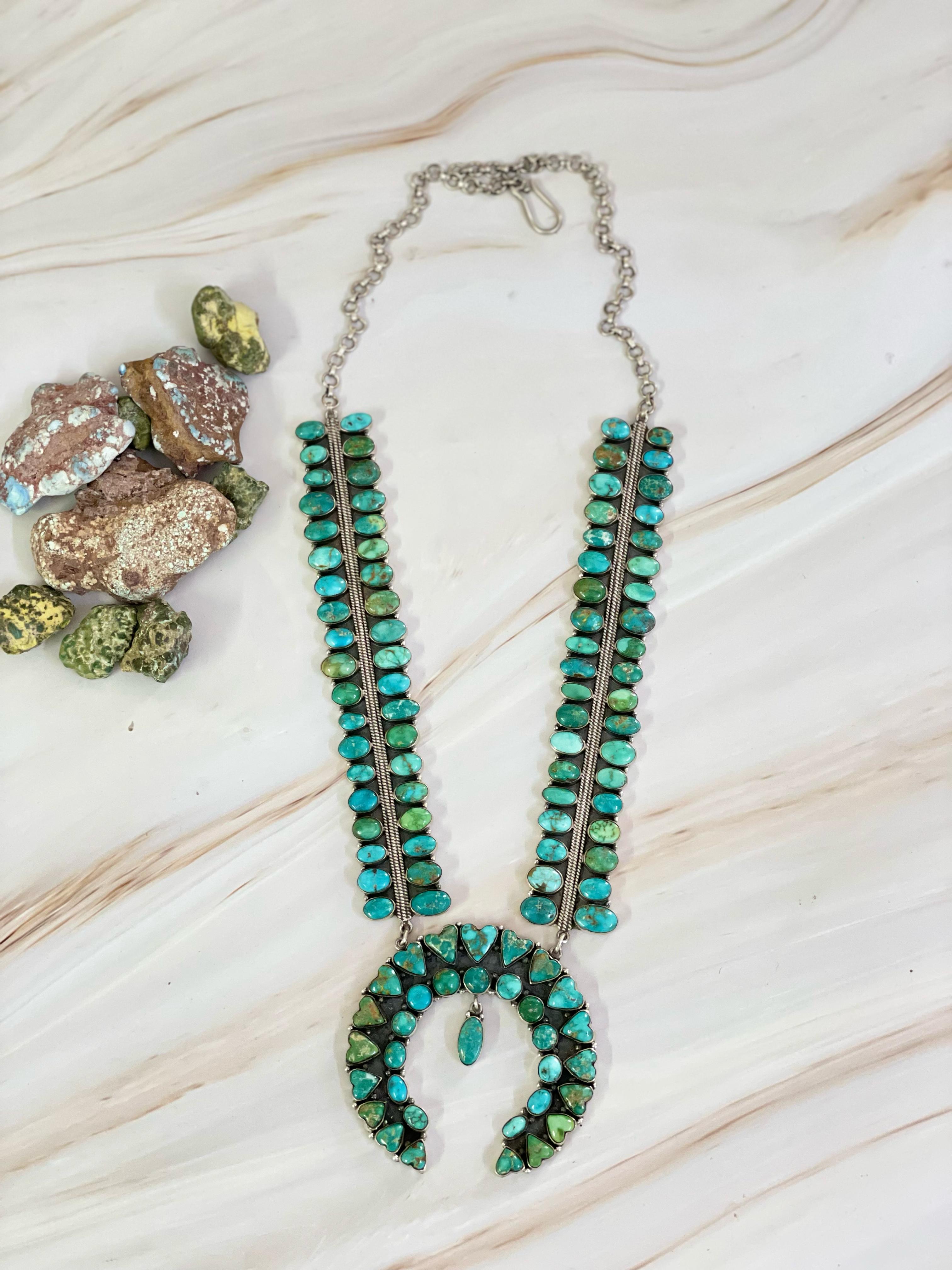 Handmade Sterling Silver Emerald Valley Turquoise Necklace, Signed Nizhoni