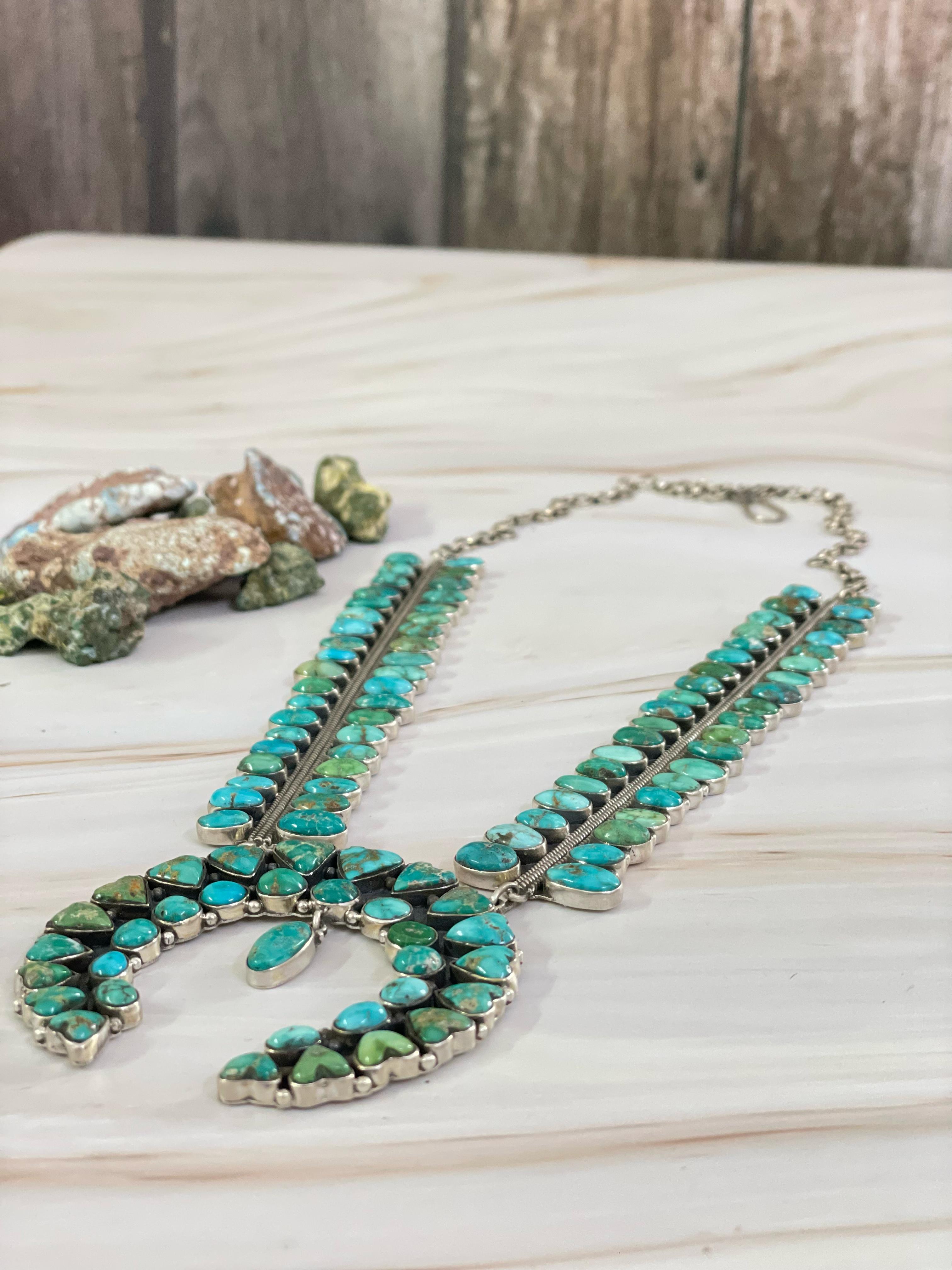 Handmade Sterling Silver Emerald Valley Turquoise Necklace, Signed Nizhoni