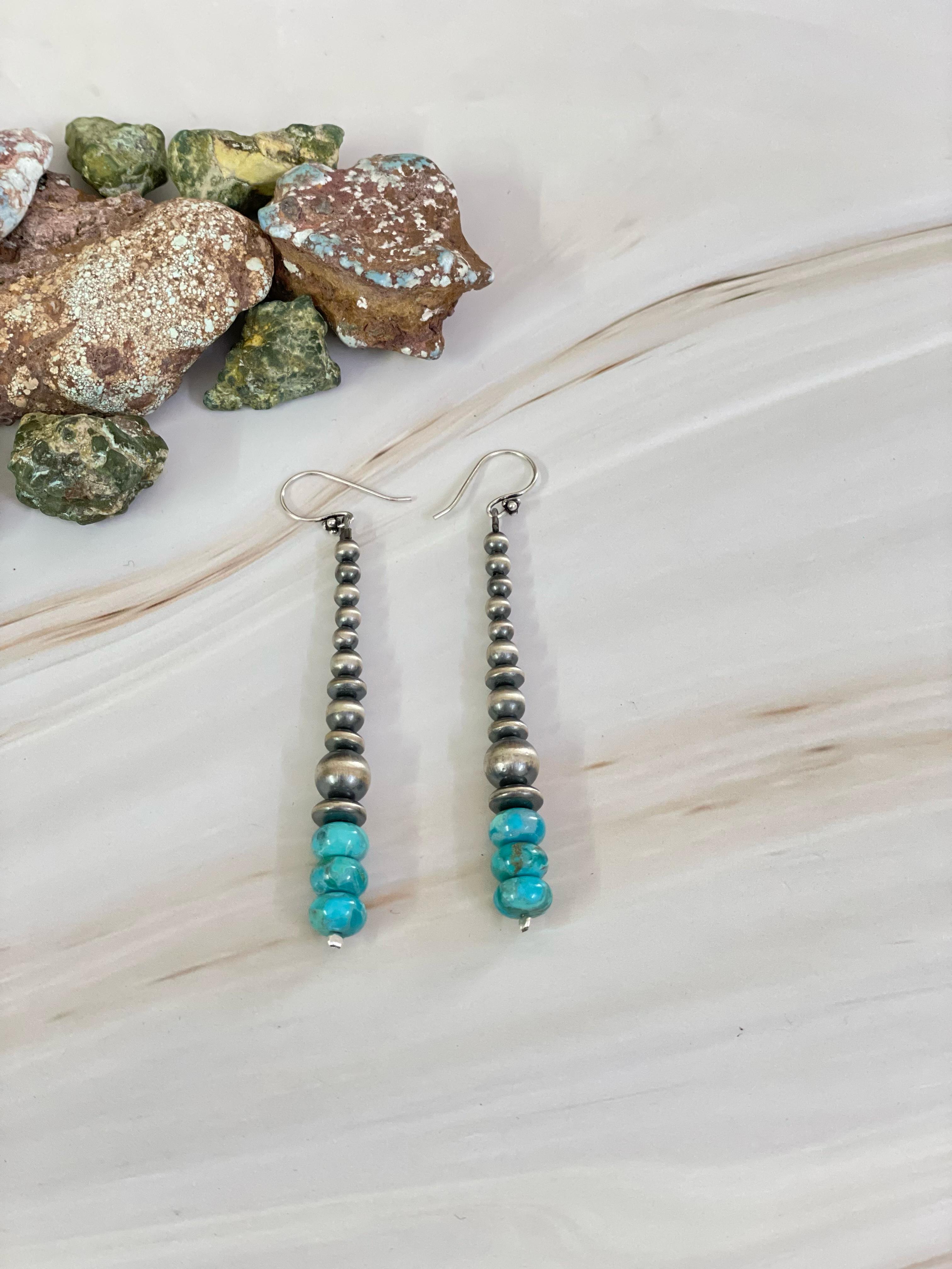 Handmade Sterling Silver Kingman Turquoise Dangler Earrings, Signed Nizhoni