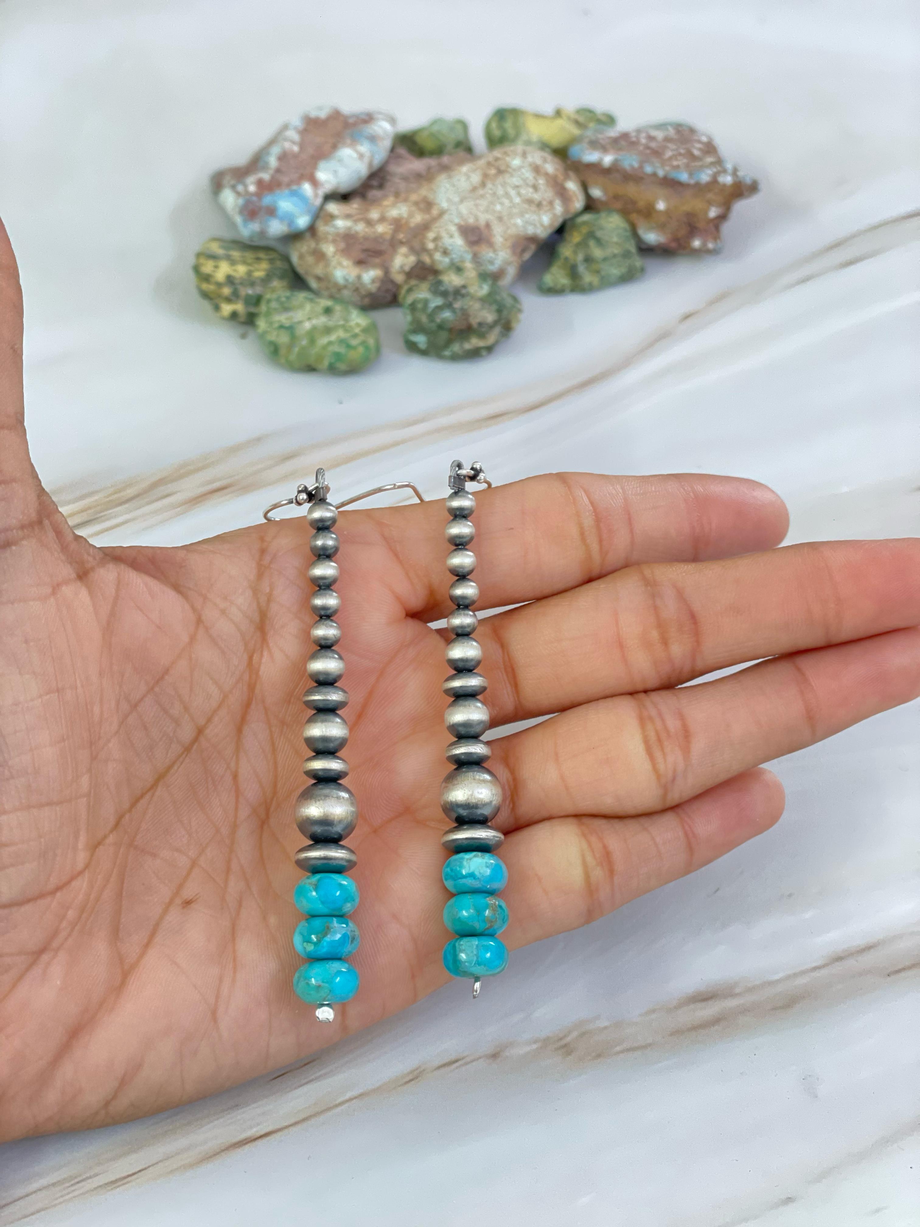 Handmade Sterling Silver Kingman Turquoise Dangler Earrings, Signed Nizhoni