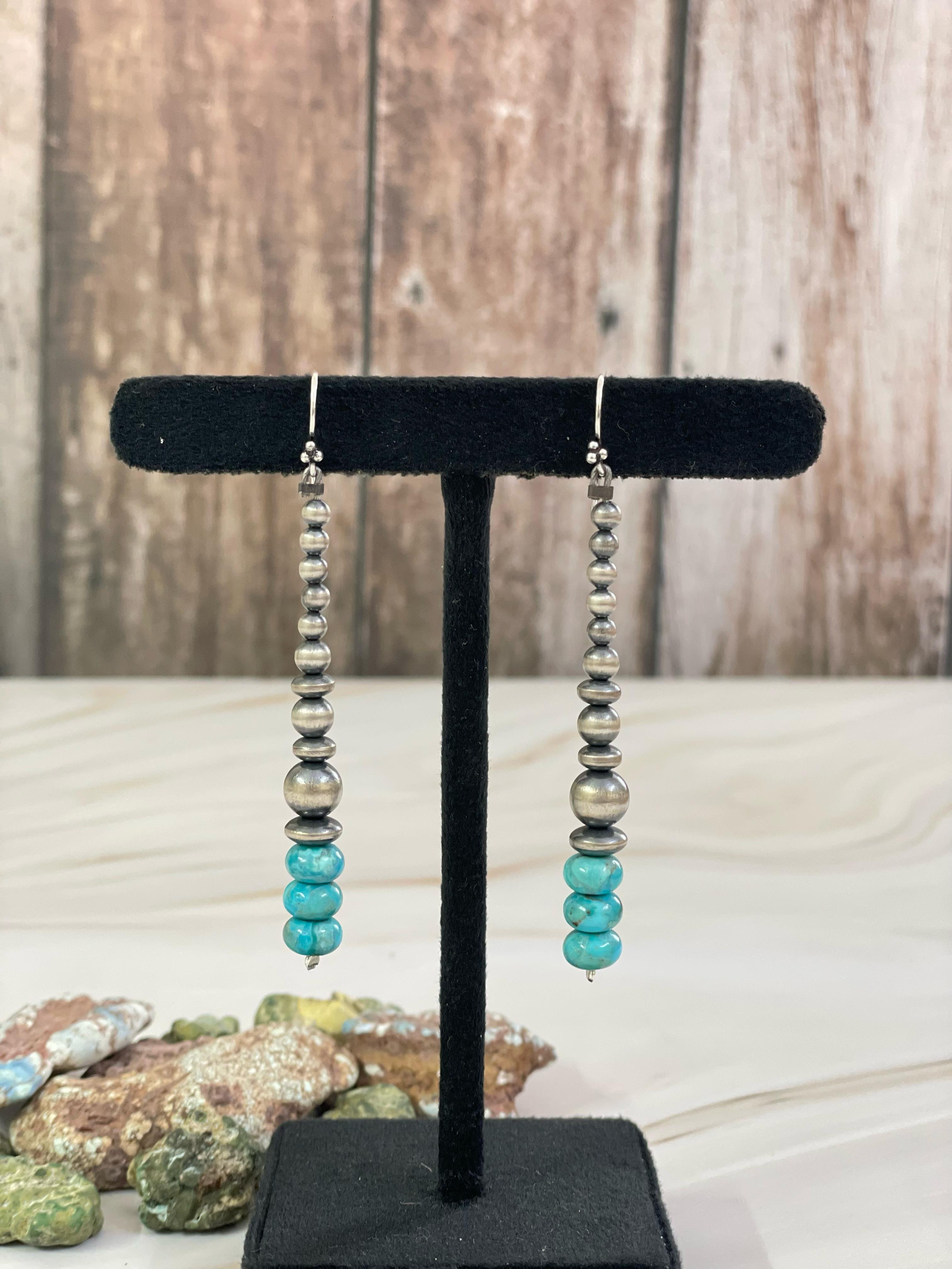 Handmade Sterling Silver Kingman Turquoise Dangler Earrings, Signed Nizhoni