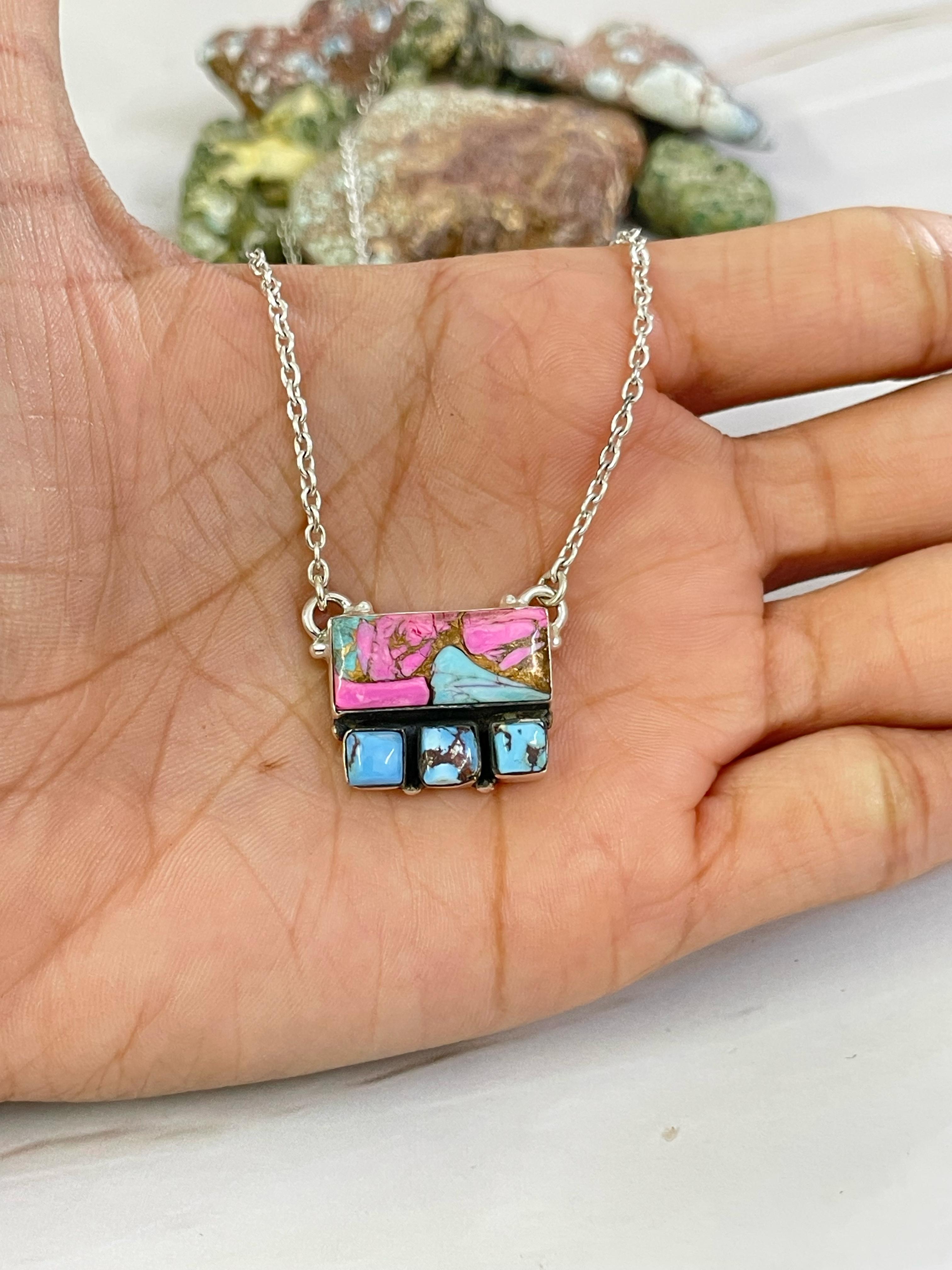 Handmade Sterling Silver Cotton Candy with Golden Hills Turquoise Necklace, Signed Nizhoni