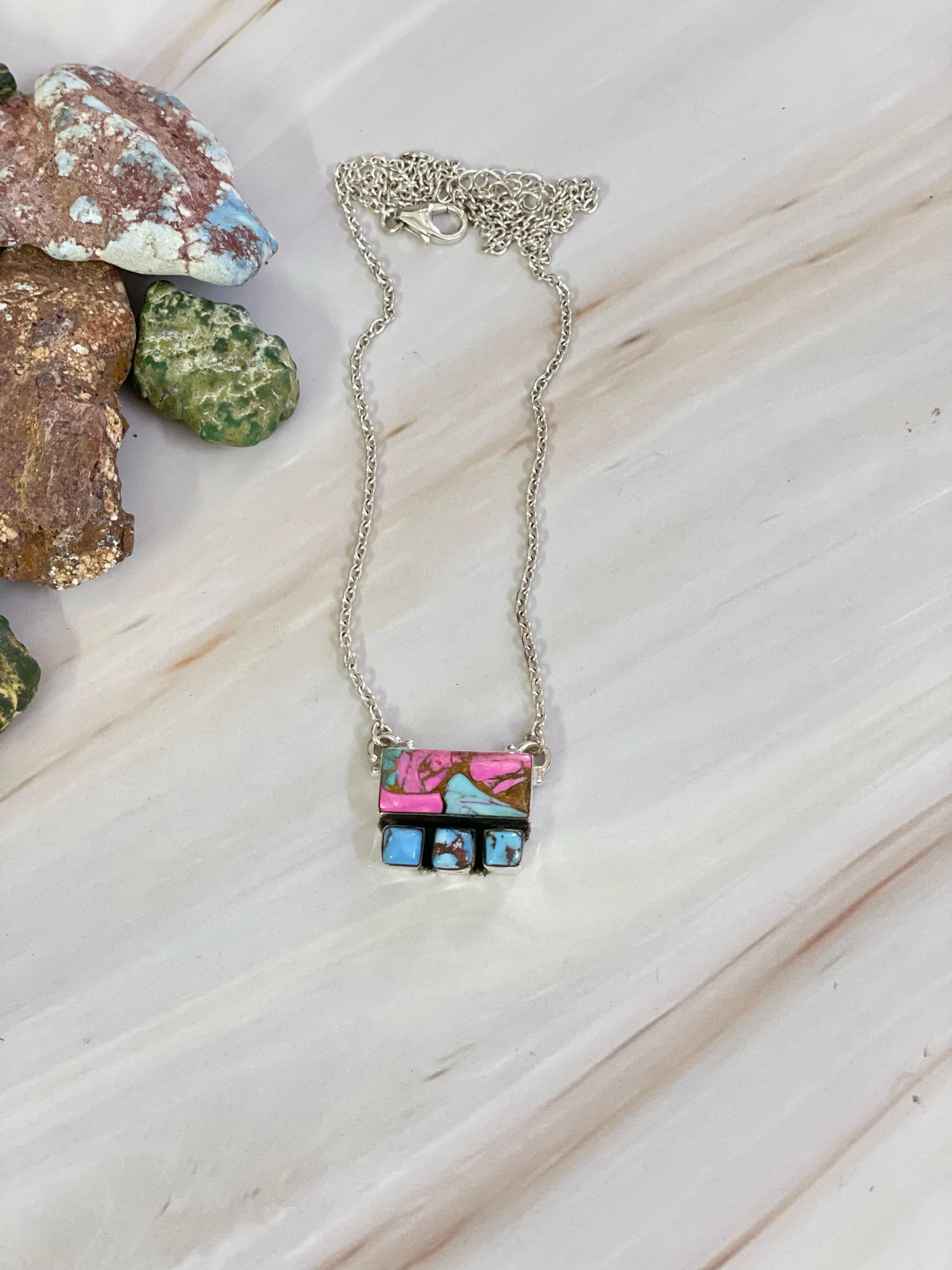 Handmade Sterling Silver Cotton Candy with Golden Hills Turquoise Necklace, Signed Nizhoni