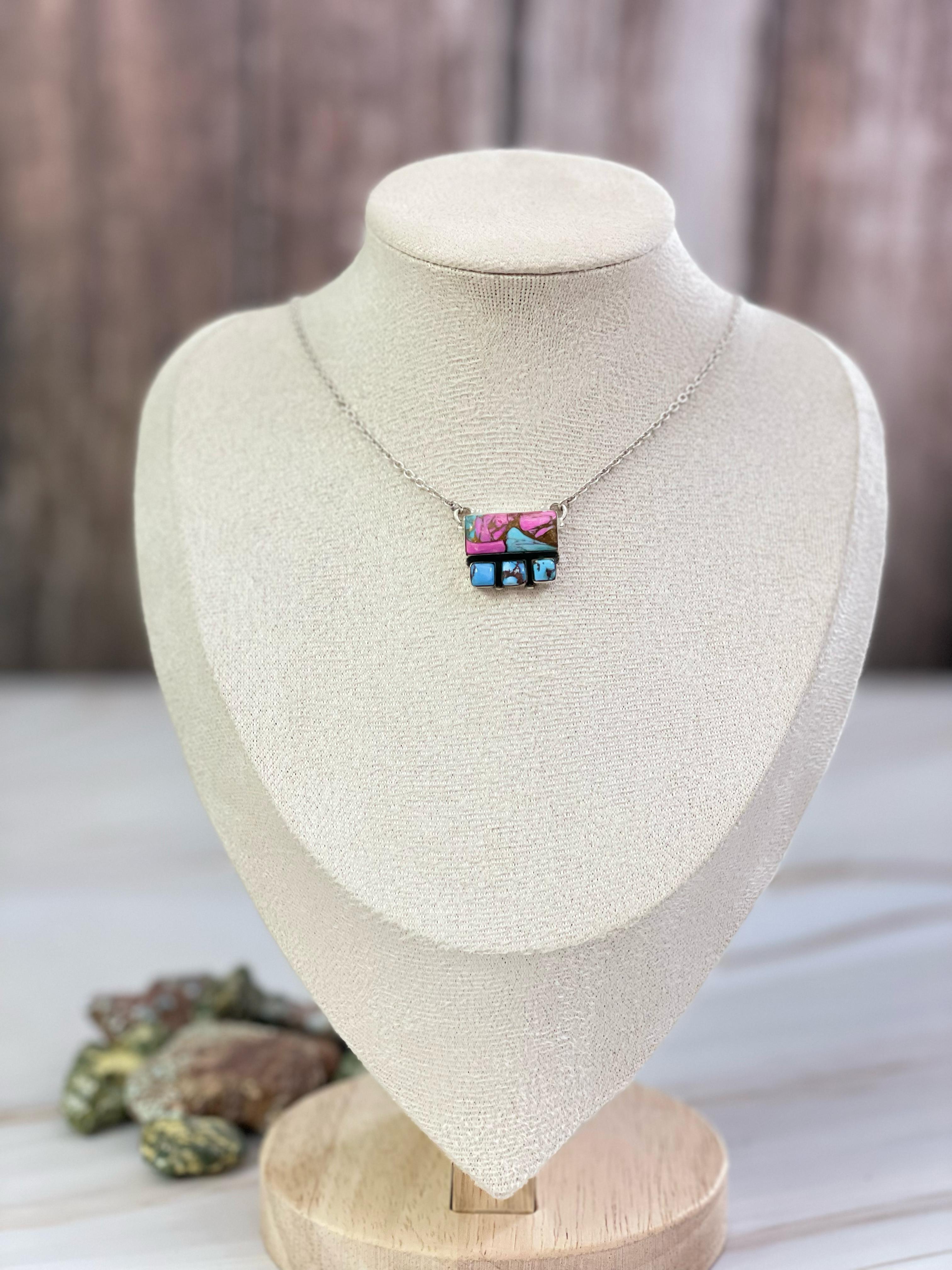 Handmade Sterling Silver Cotton Candy with Golden Hills Turquoise Necklace, Signed Nizhoni