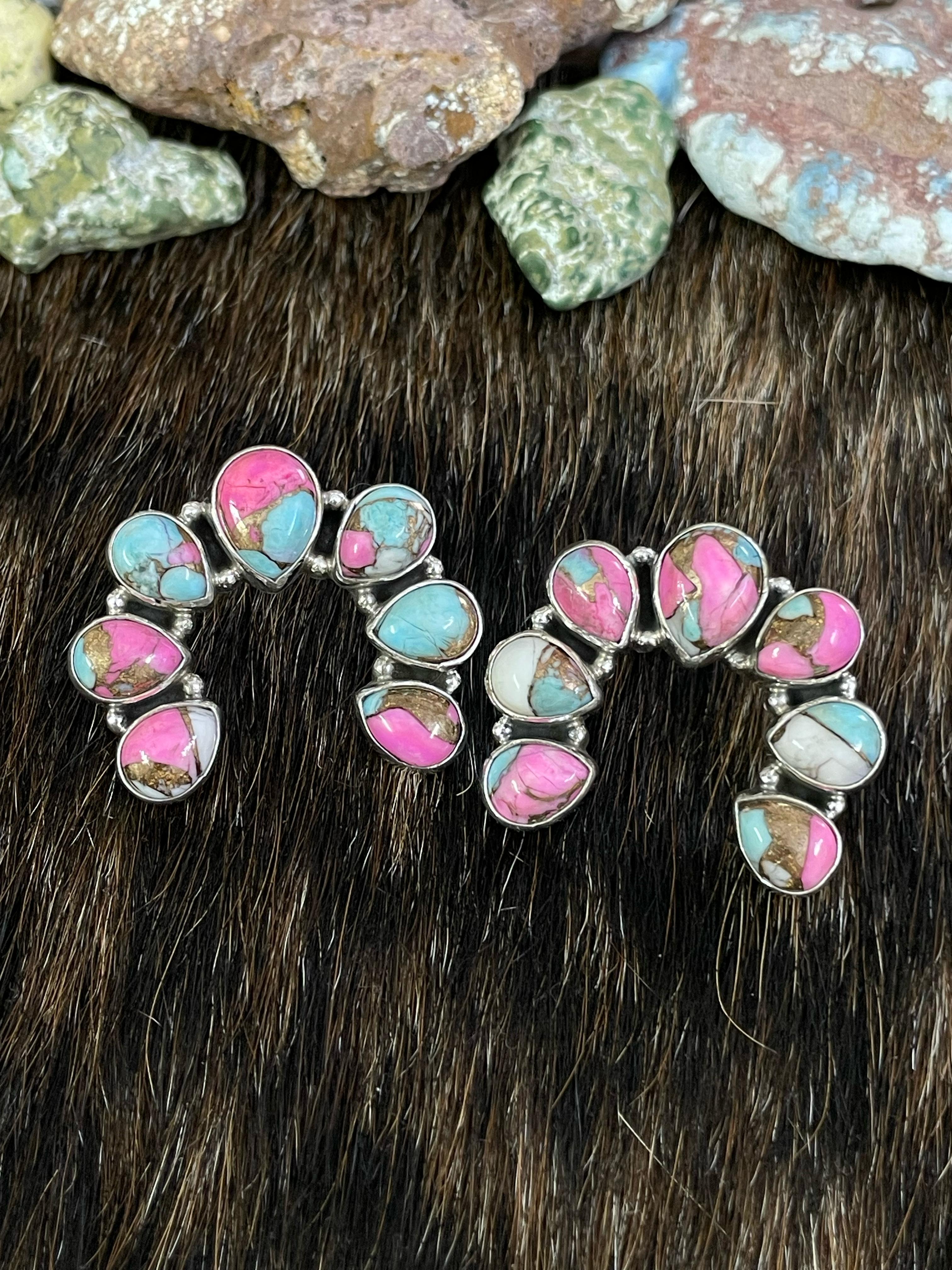 Handmade Sterling Silver Cotton Candy Turquoise, Post Earrings, Signed Nizhoni