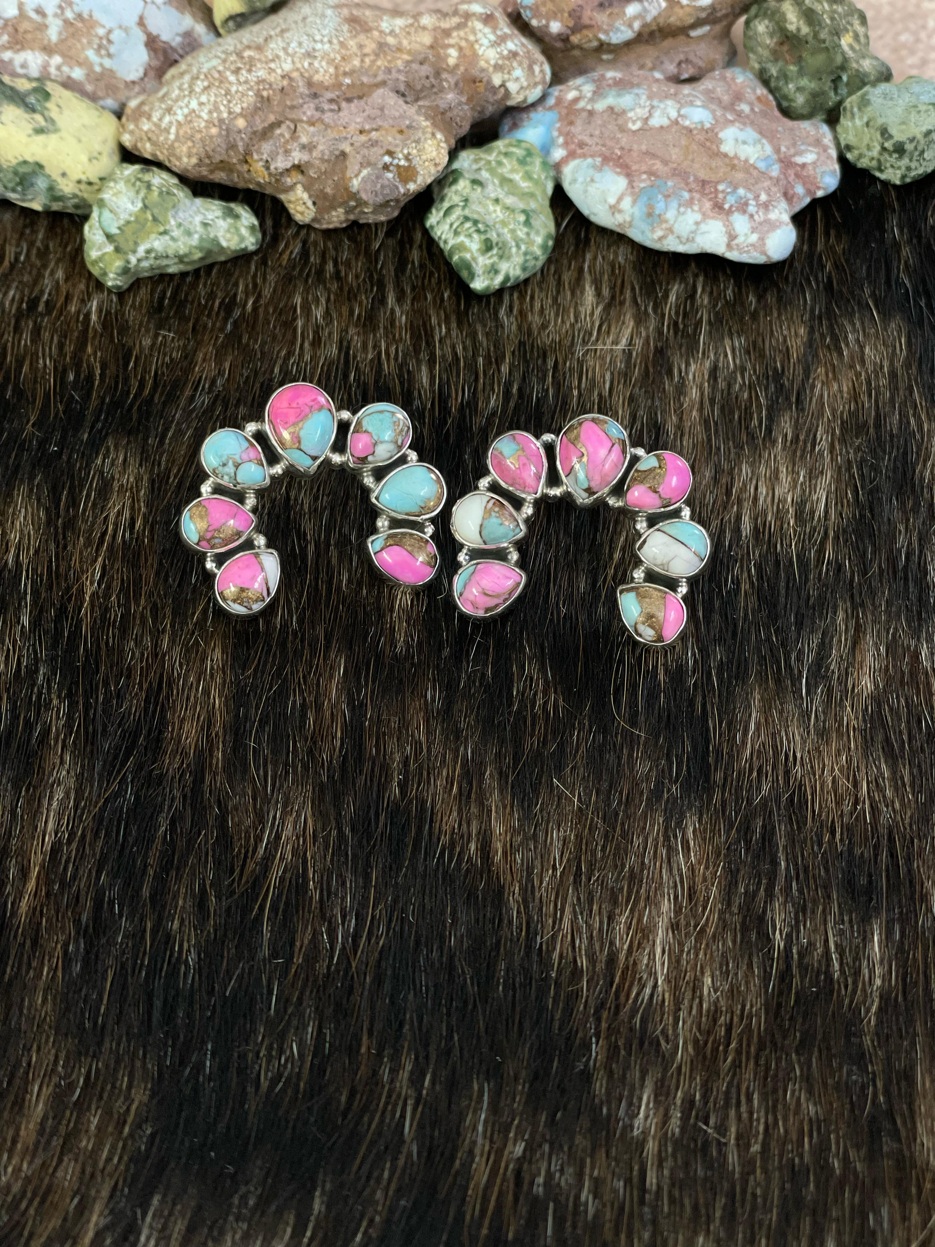 Handmade Sterling Silver Cotton Candy Turquoise, Post Earrings, Signed Nizhoni