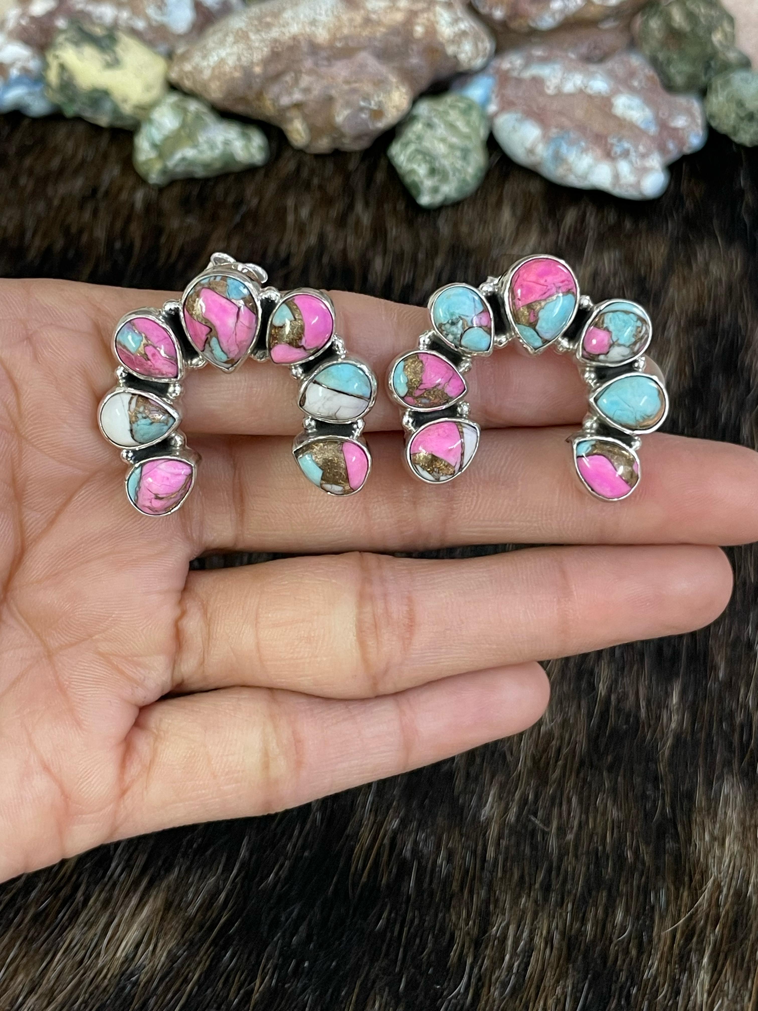 Handmade Sterling Silver Cotton Candy Turquoise, Post Earrings, Signed Nizhoni