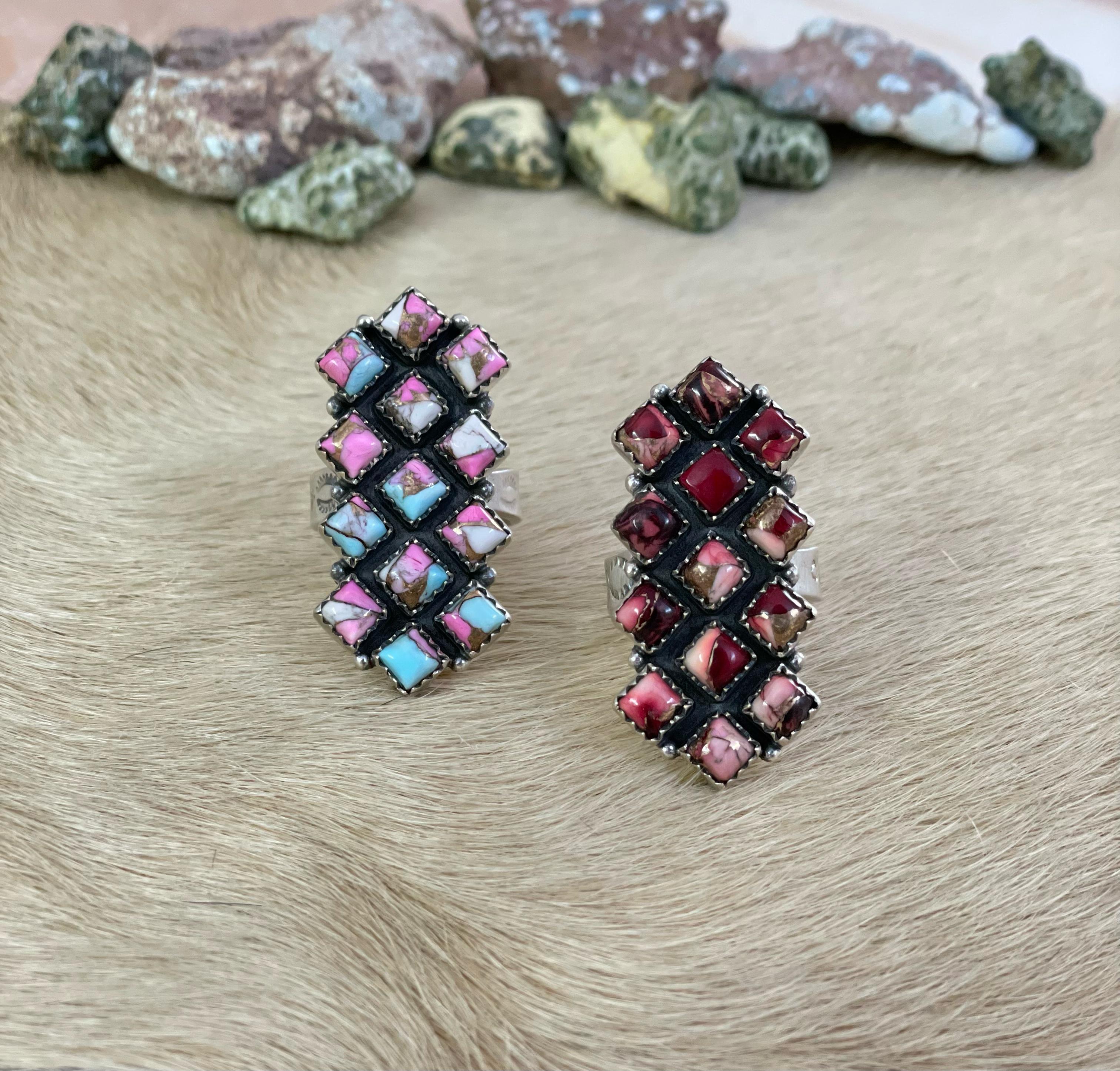 Handmade Silver Sterling Cotton Candy Turquoise, Red Rose Dahlia Adjustable Ring with Signed Nizhoni