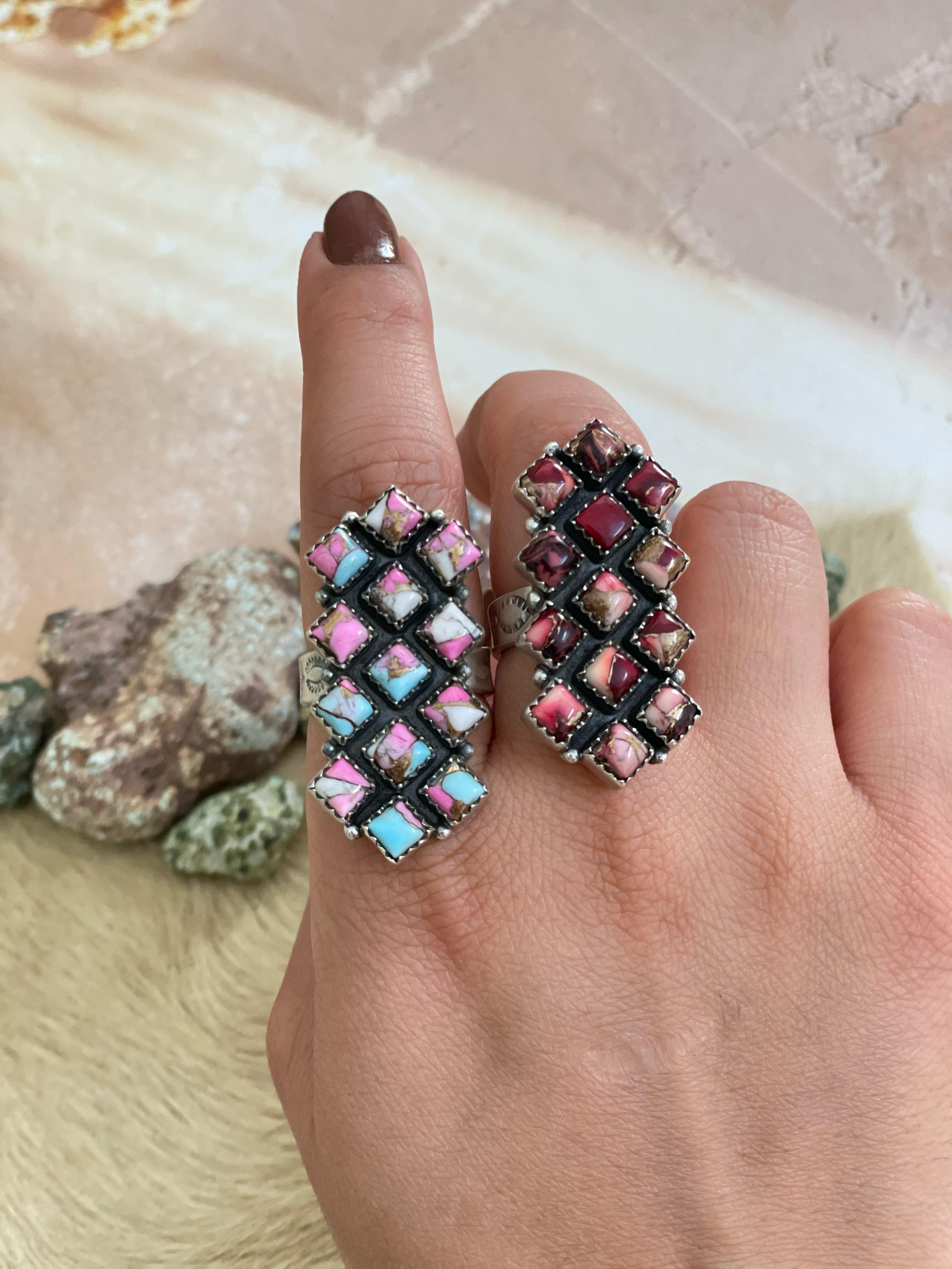 Handmade Silver Sterling Cotton Candy Turquoise, Red Rose Dahlia Adjustable Ring with Signed Nizhoni