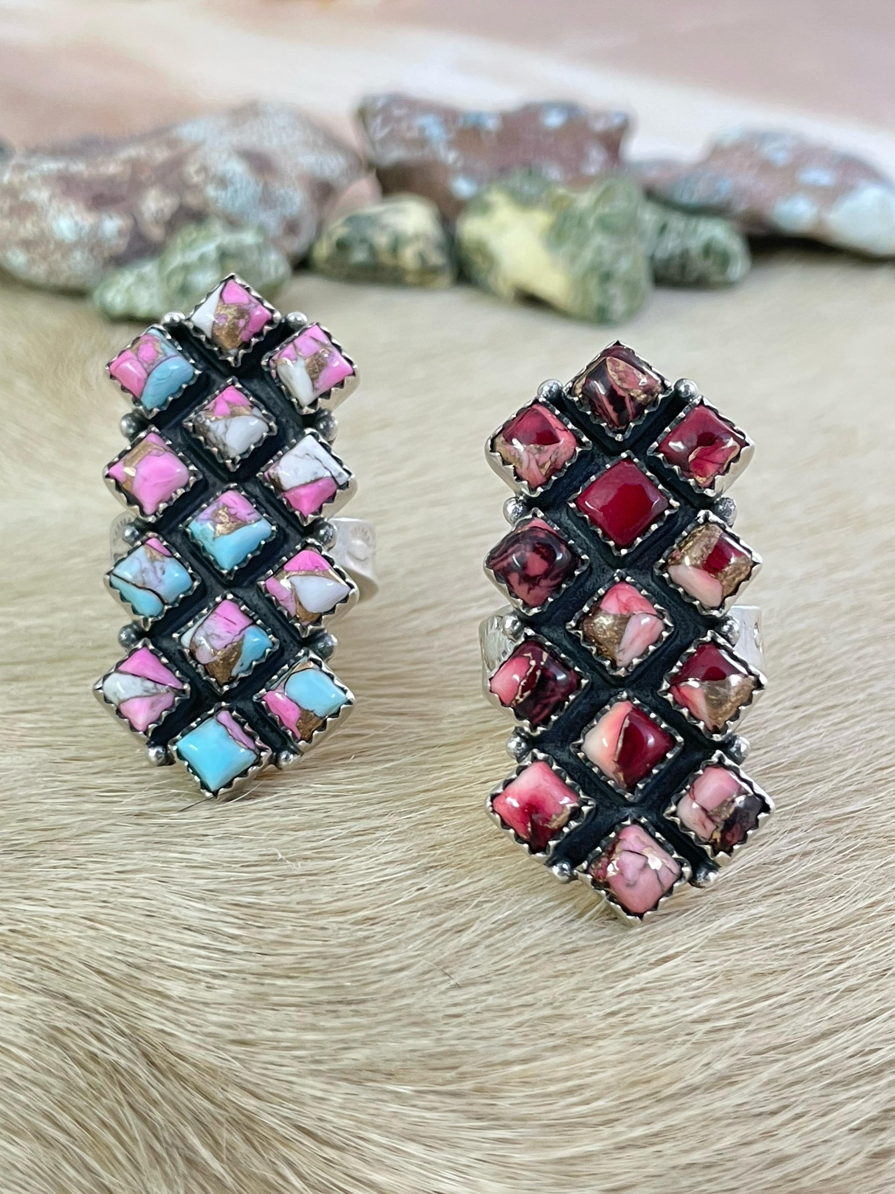 Handmade Silver Sterling Cotton Candy Turquoise, Red Rose Dahlia Adjustable Ring with Signed Nizhoni