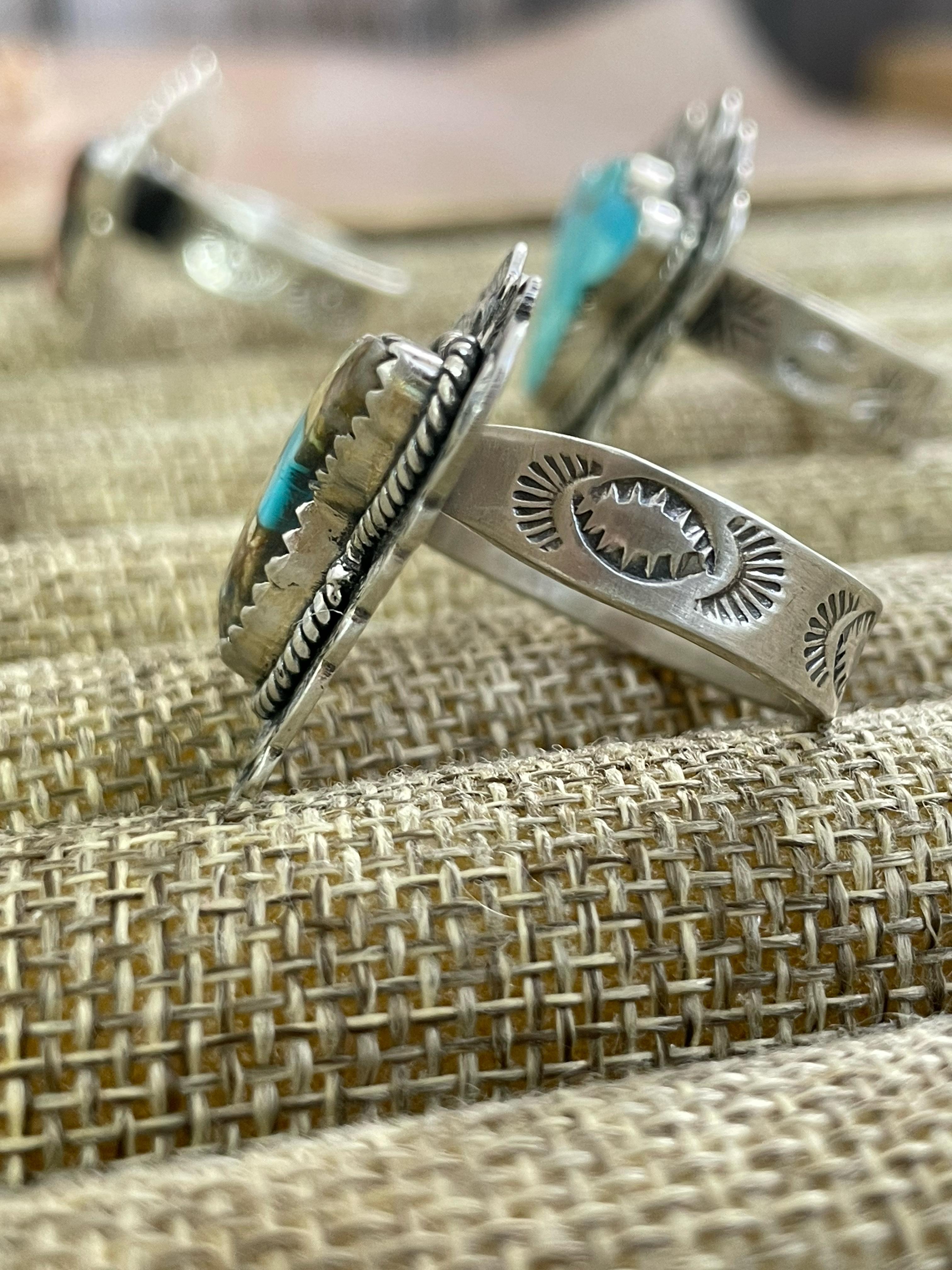 Handmade Silver Sterling Royston, Red Rose Dahlia, Kingman, Lapis Lazuli Adjustable Cow Head Ring with Signed Nizhoni