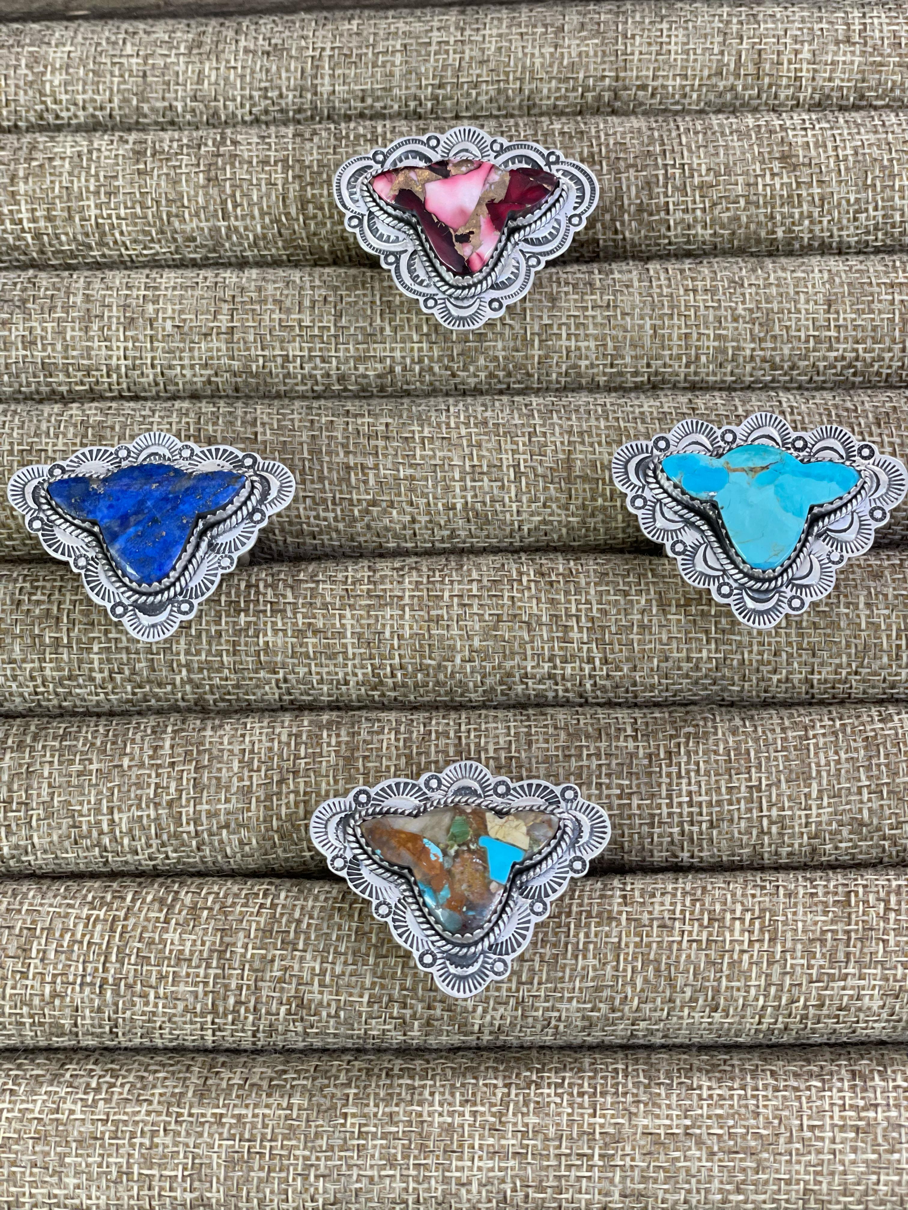 Handmade Silver Sterling Royston, Red Rose Dahlia, Kingman, Lapis Lazuli Adjustable Cow Head Ring with Signed Nizhoni