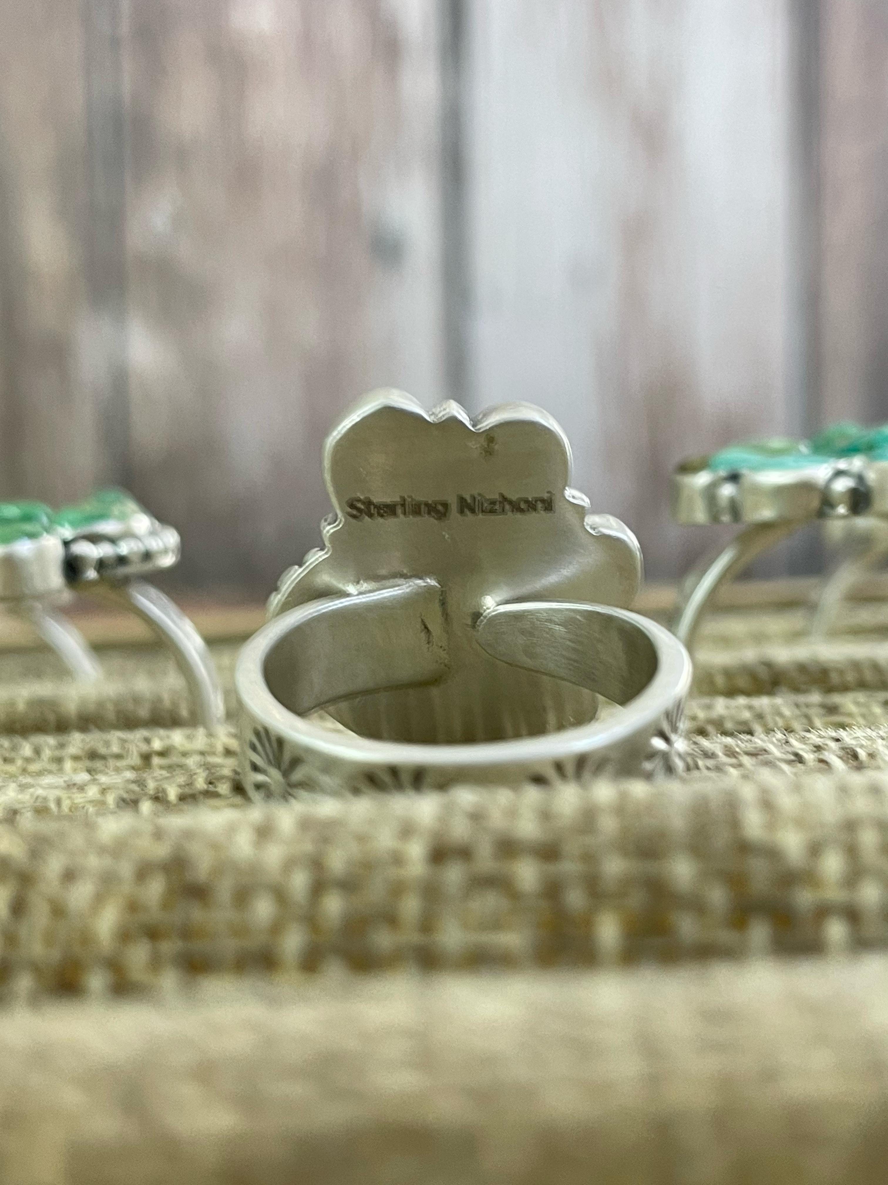 Handmade Silver Sterling Emerald Valley Turquoise Adjustable Ring with Signed Nizhoni