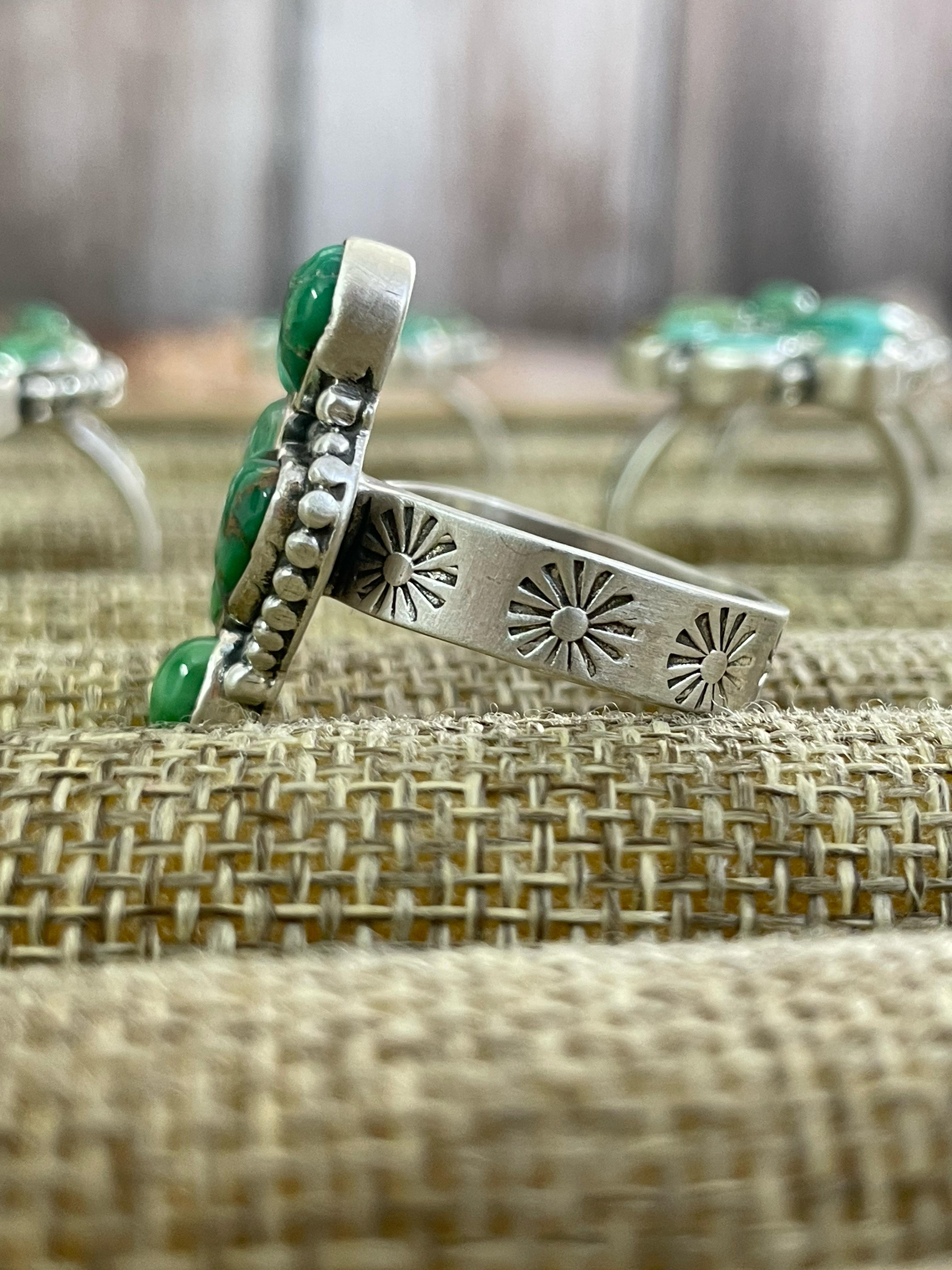 Handmade Silver Sterling Emerald Valley Turquoise Adjustable Ring with Signed Nizhoni