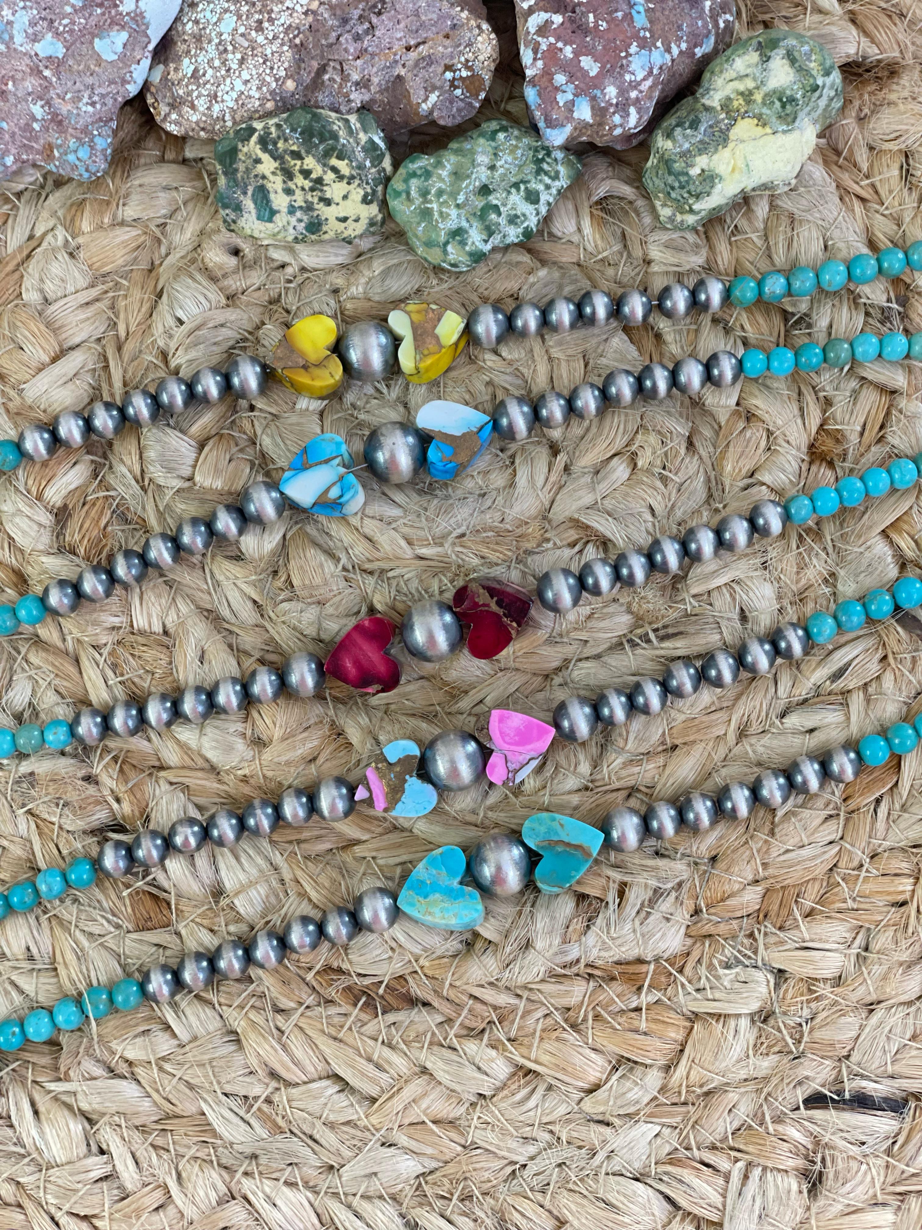 Handmade Sterling Silver Red Rose Dahlia, Cotton Candy, Honey Dahlia, Kingman, Kingman Ice Blue Beaded Bracelet with Signed Nizhoni