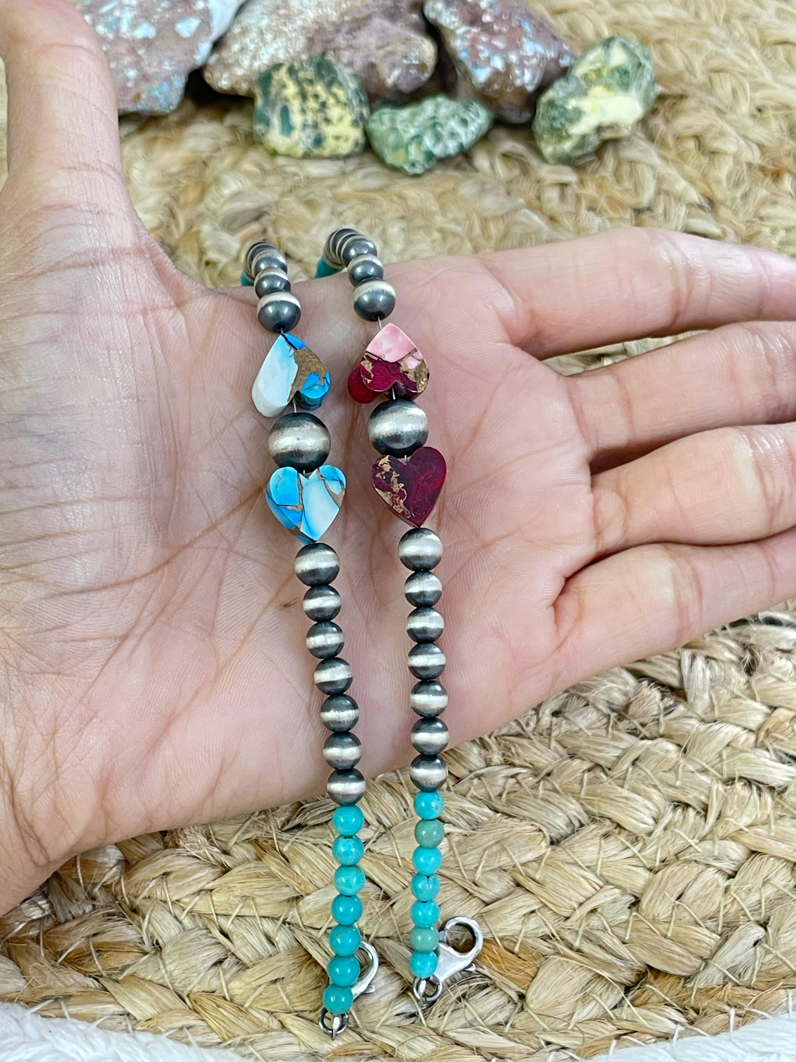 Handmade Sterling Silver Red Rose Dahlia, Cotton Candy, Honey Dahlia, Kingman, Kingman Ice Blue Beaded Bracelet with Signed Nizhoni