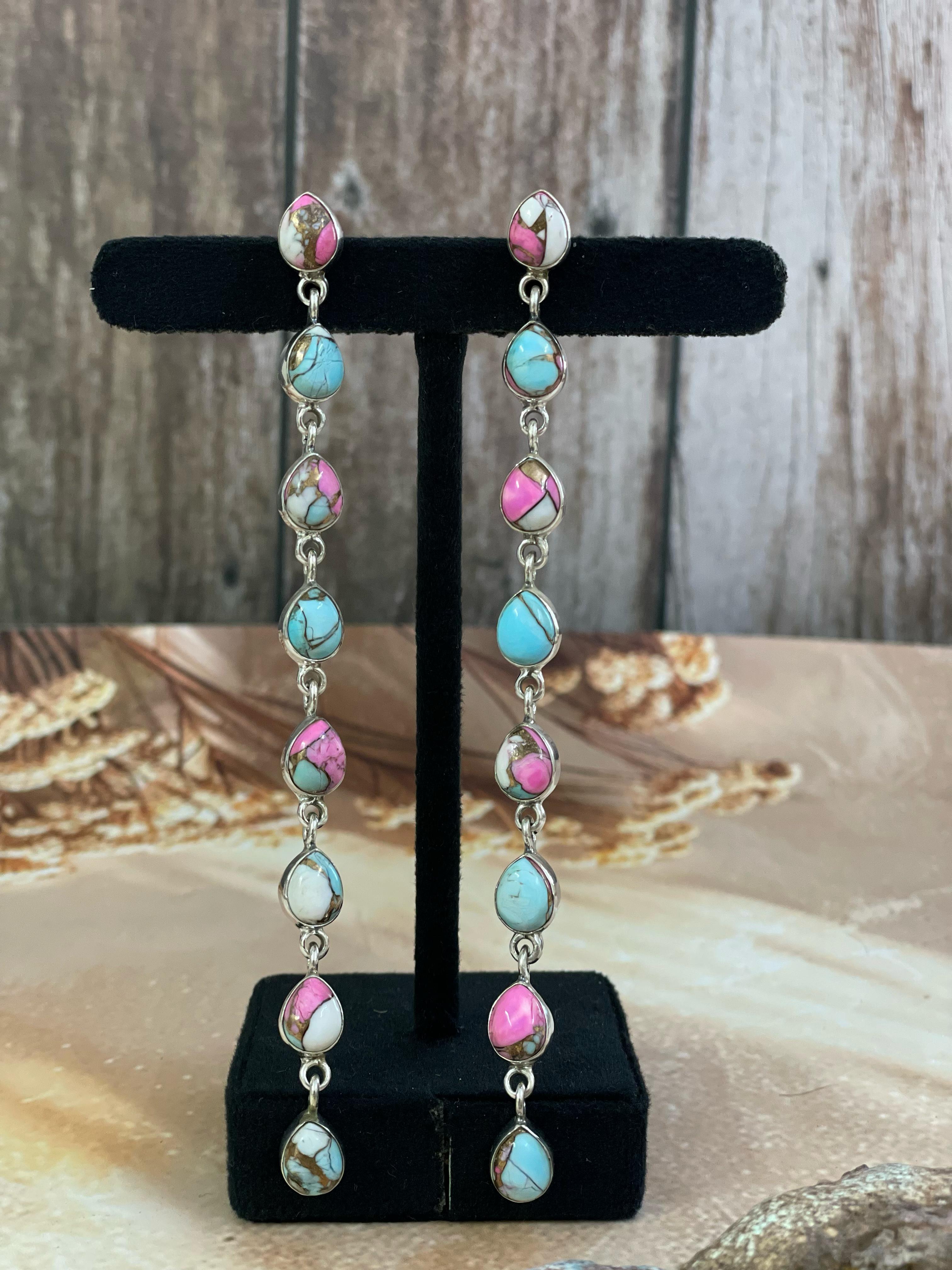 Handmade Sterling Silver Cotton Candy Turquoise, Post Earrings, Signed Nizhoni