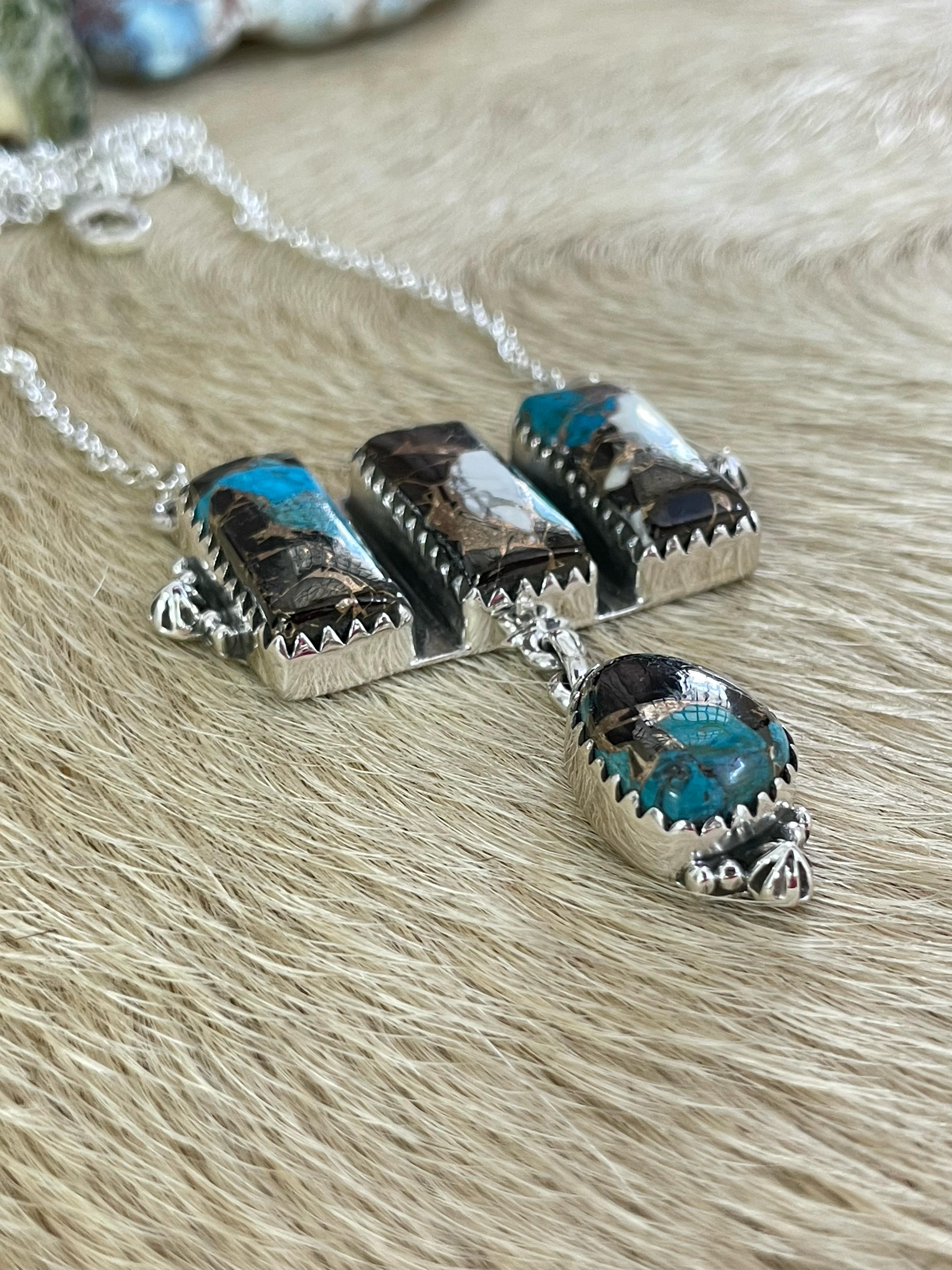 Handmade Sterling Silver White Buffalo and Turquoise Necklace, Signed Nizhoni