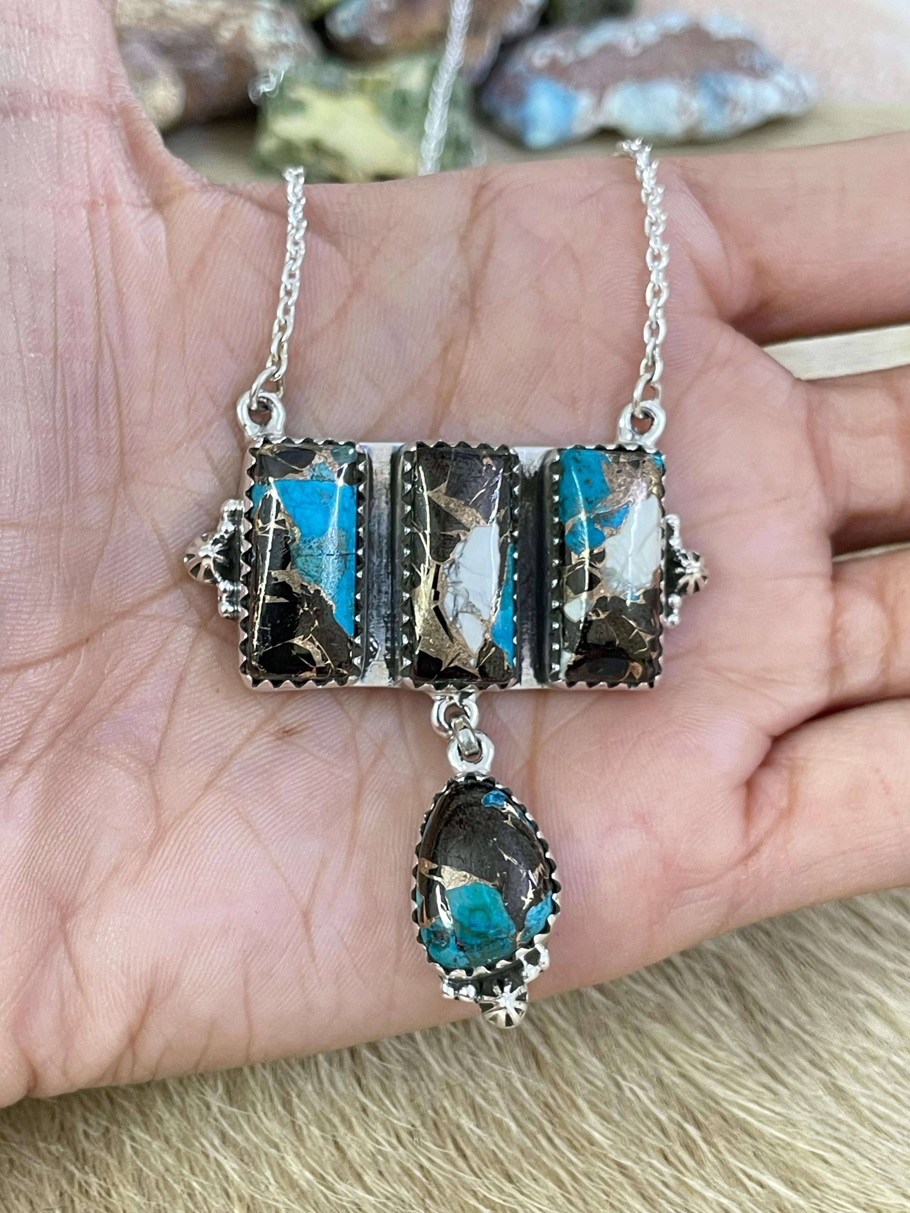 Handmade Sterling Silver White Buffalo and Turquoise Necklace, Signed Nizhoni