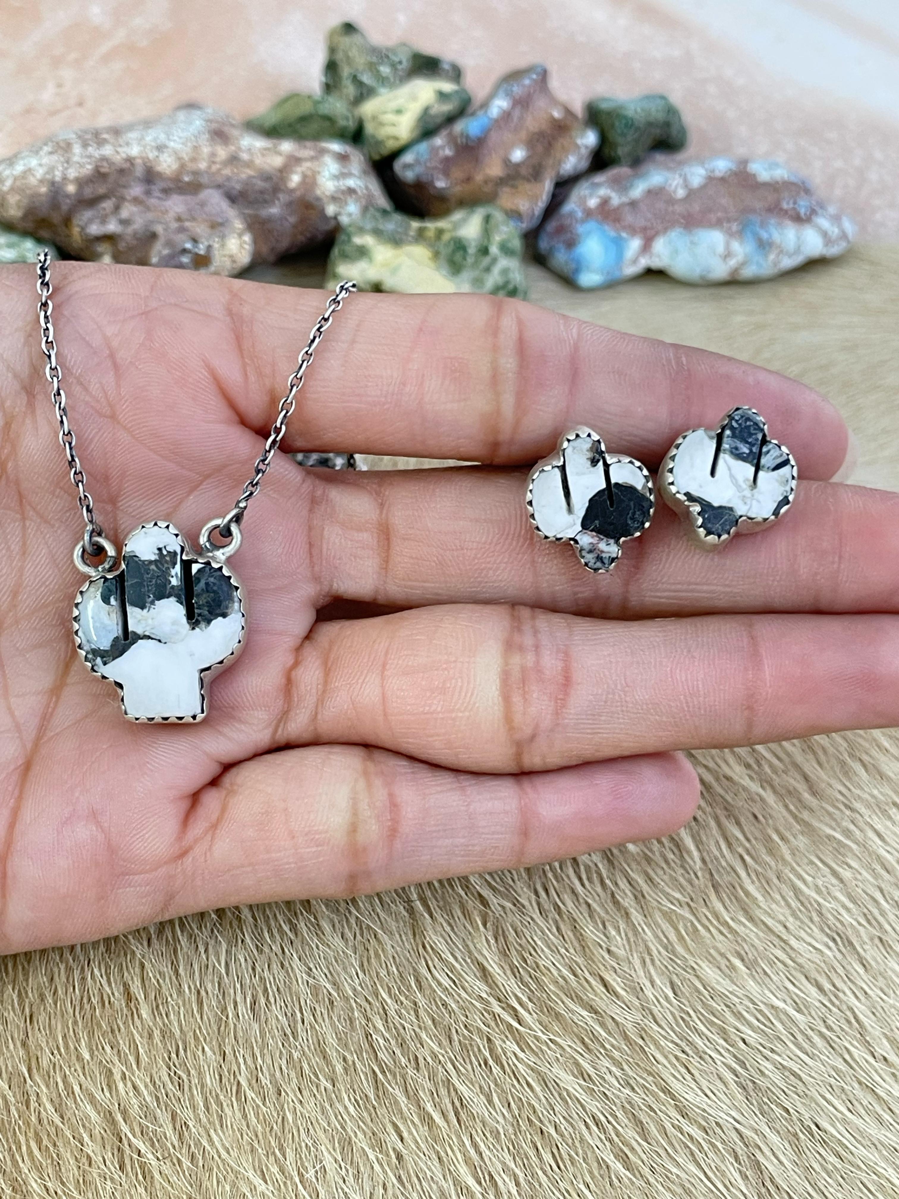 Handmade Sterling Silver White Buffalo Saguaro Necklace Earring Set with Signed Nizhoni