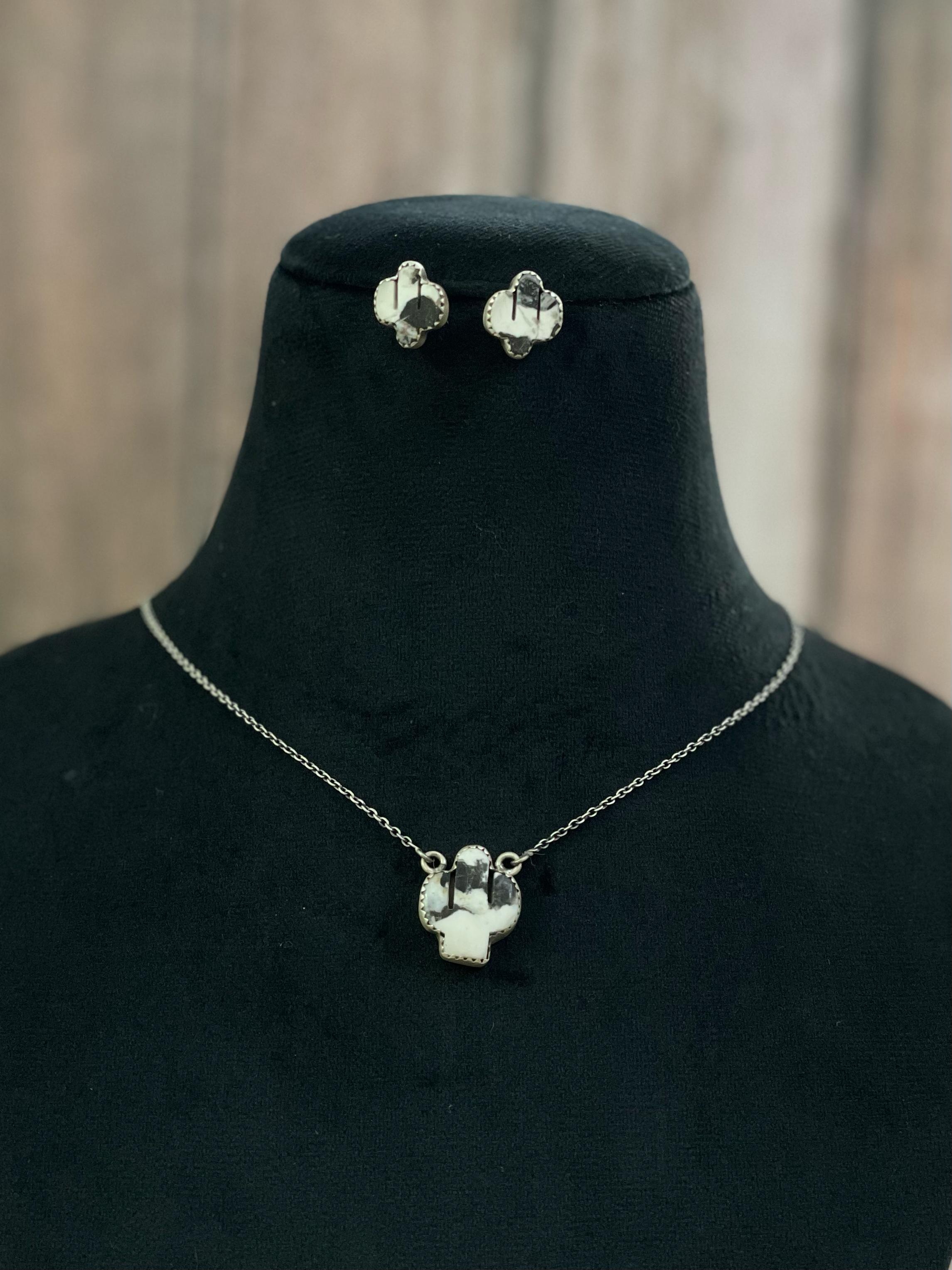 Handmade Sterling Silver White Buffalo Saguaro Necklace Earring Set with Signed Nizhoni