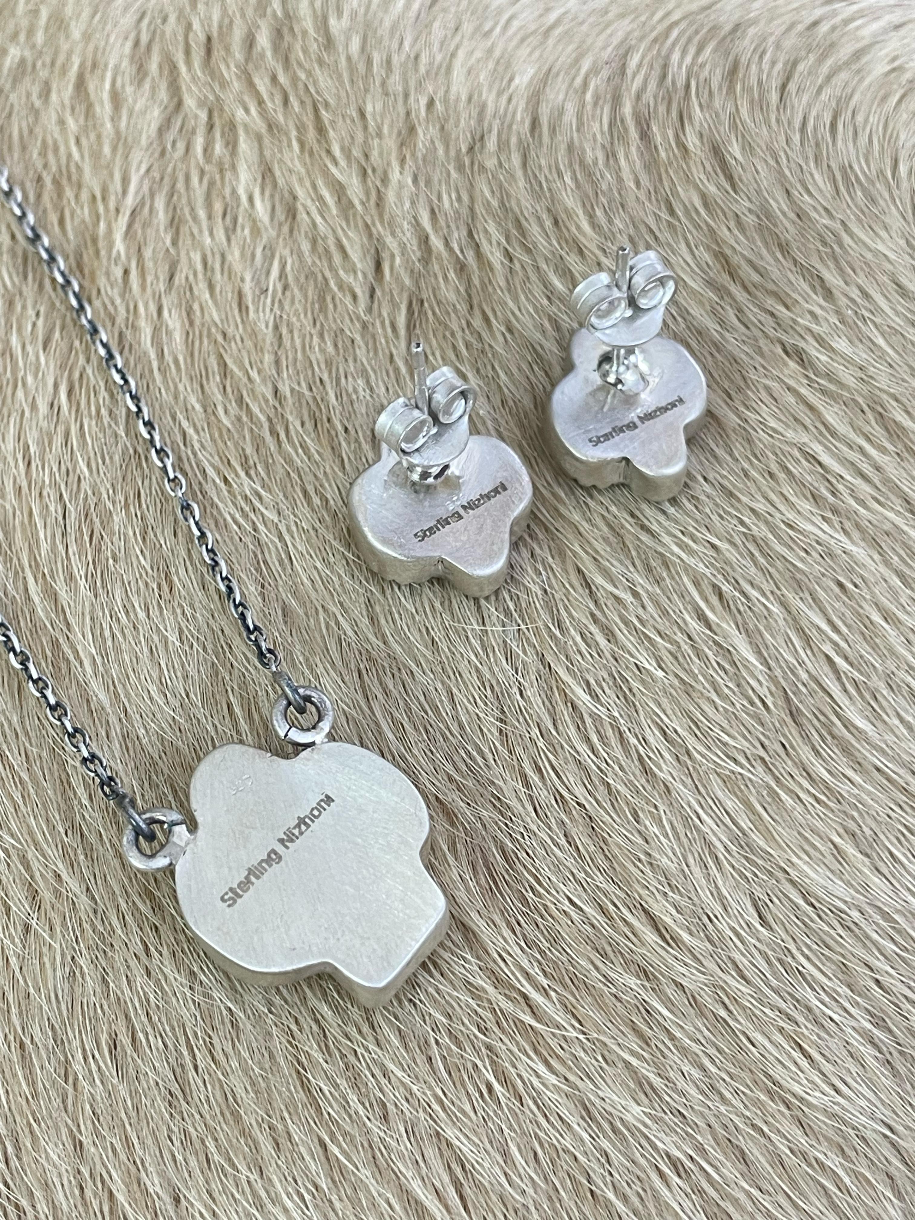 Handmade Sterling Silver White Buffalo Saguaro Necklace Earring Set with Signed Nizhoni