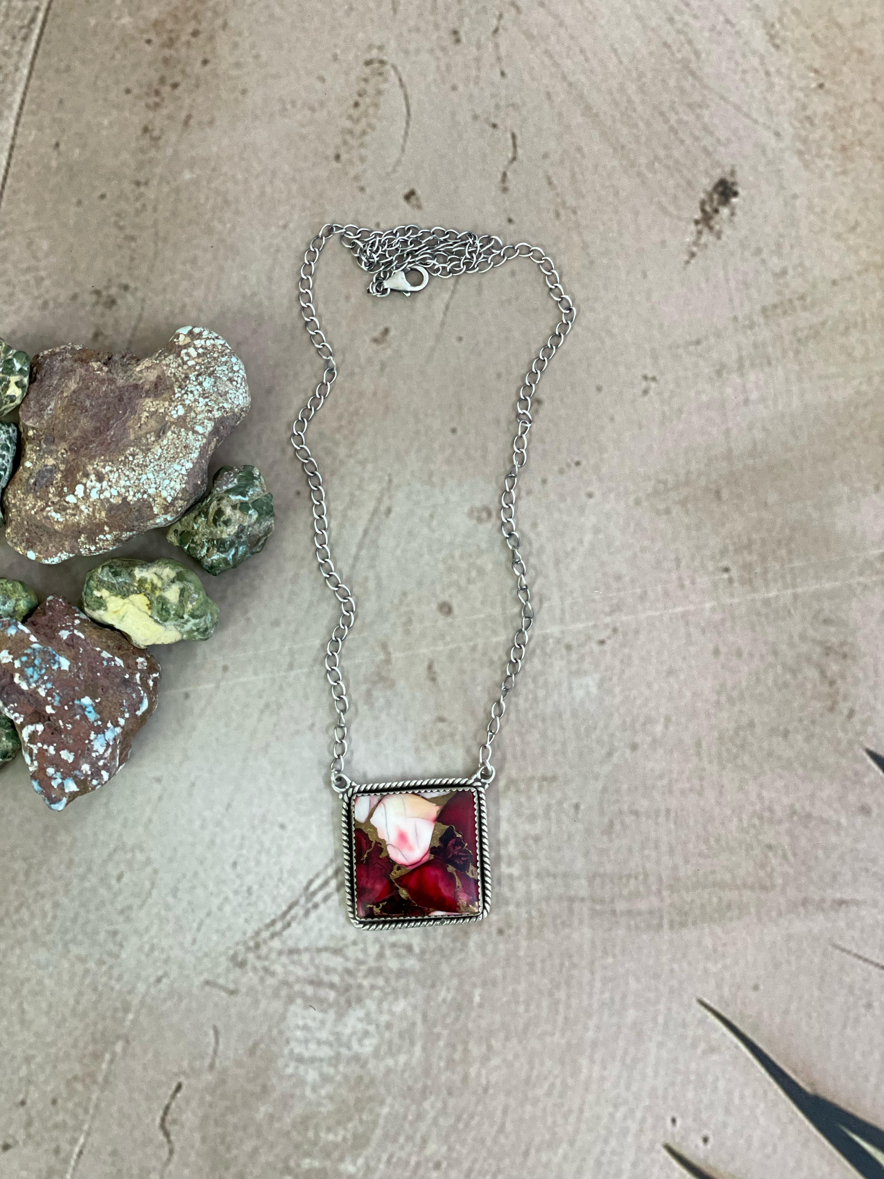 Handmade Sterling Silver Red Rose Dahlia Necklace, Signed Nizhoni