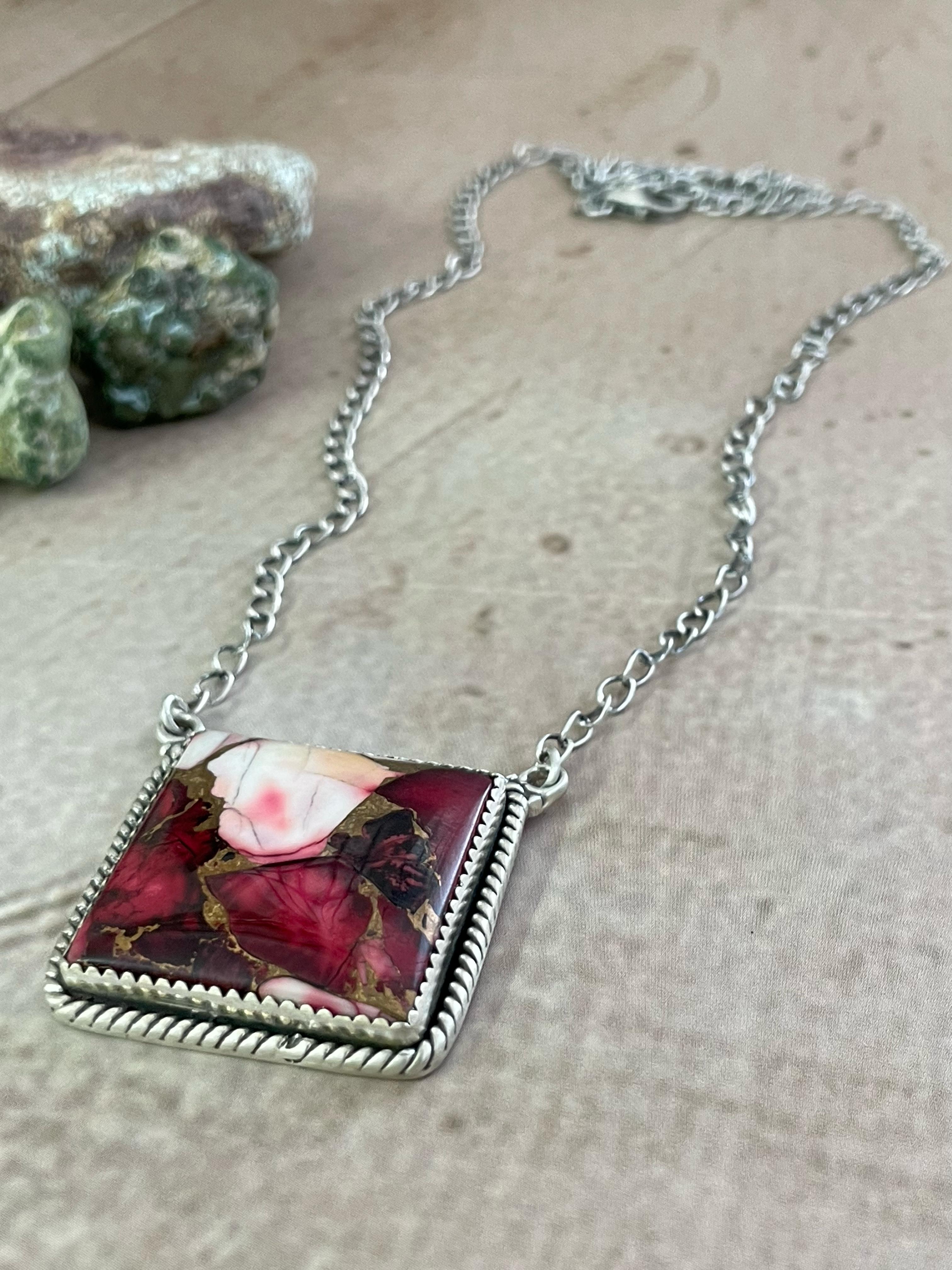 Handmade Sterling Silver Red Rose Dahlia Necklace, Signed Nizhoni