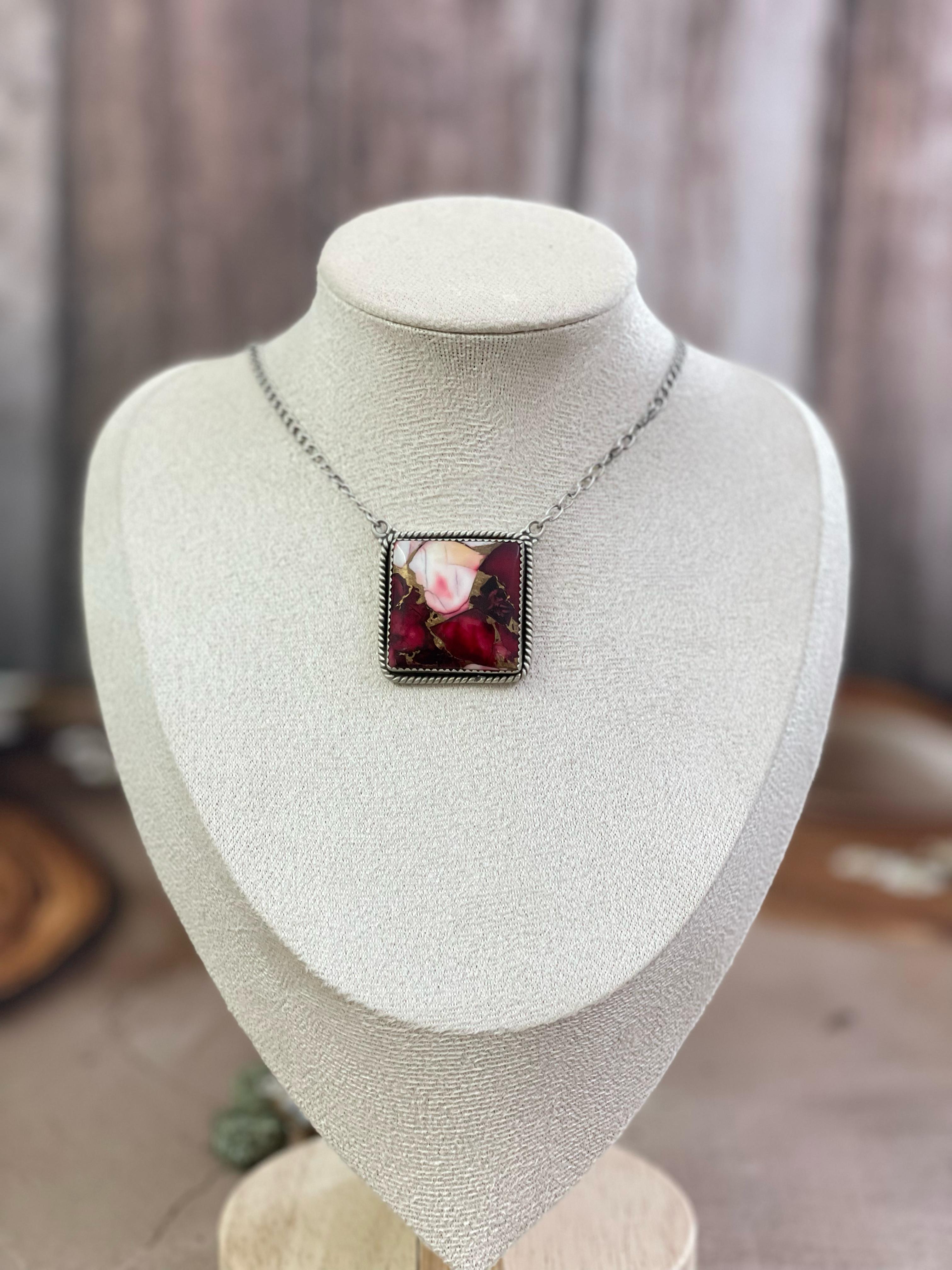 Handmade Sterling Silver Red Rose Dahlia Necklace, Signed Nizhoni