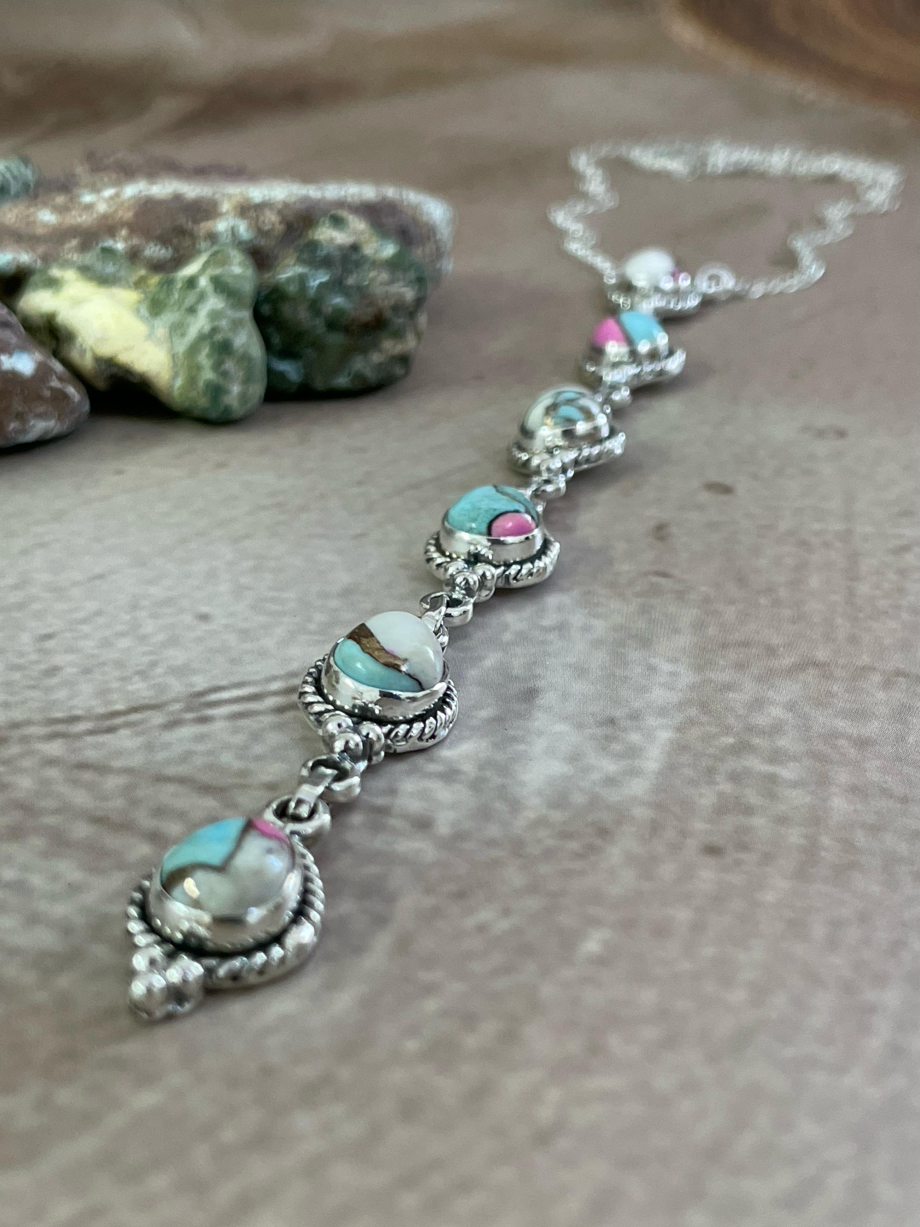 Handmade Sterling Silver Cotton Candy Turquoise Necklace, Signed Nizhoni