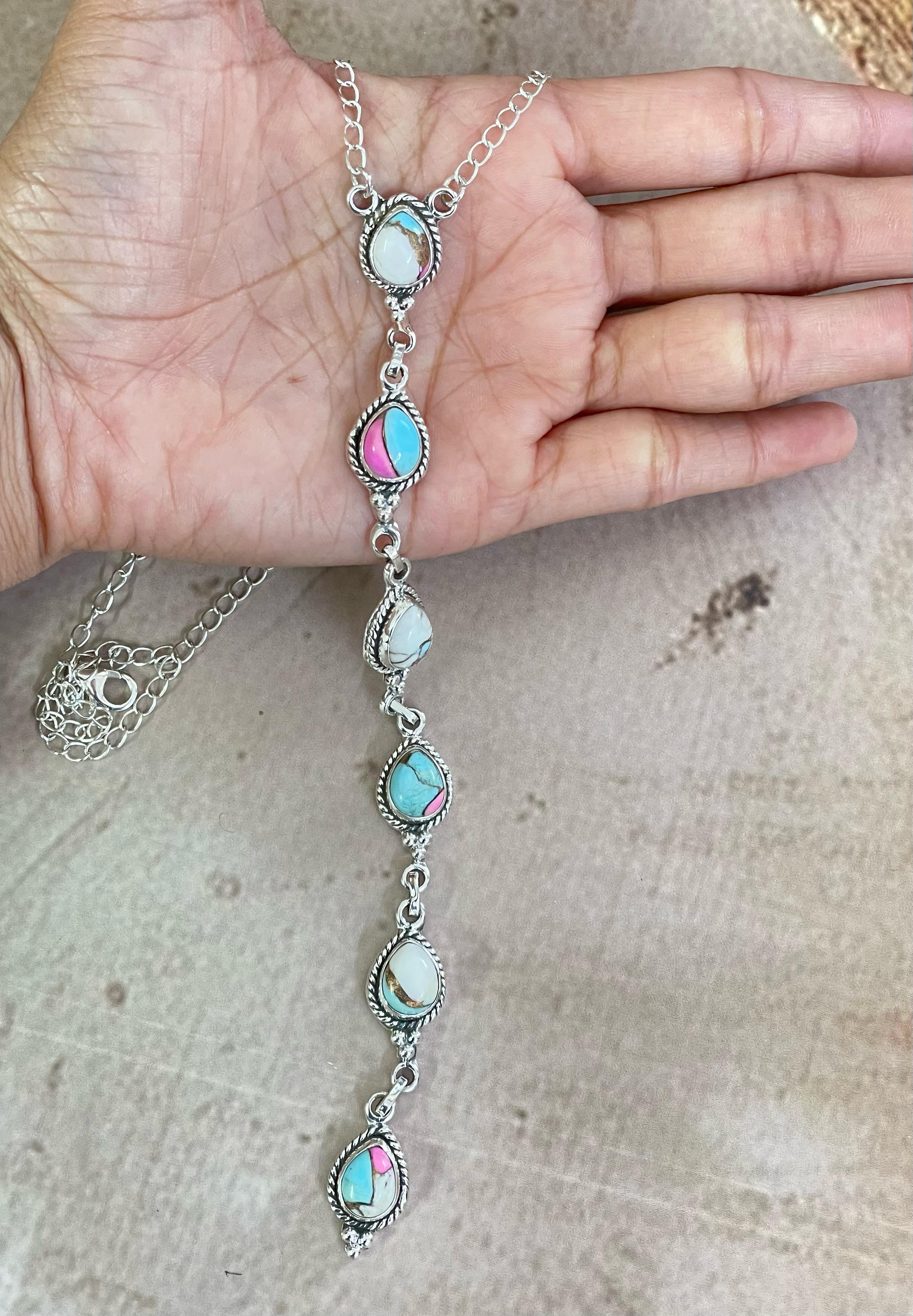 Handmade Sterling Silver Cotton Candy Turquoise Necklace, Signed Nizhoni