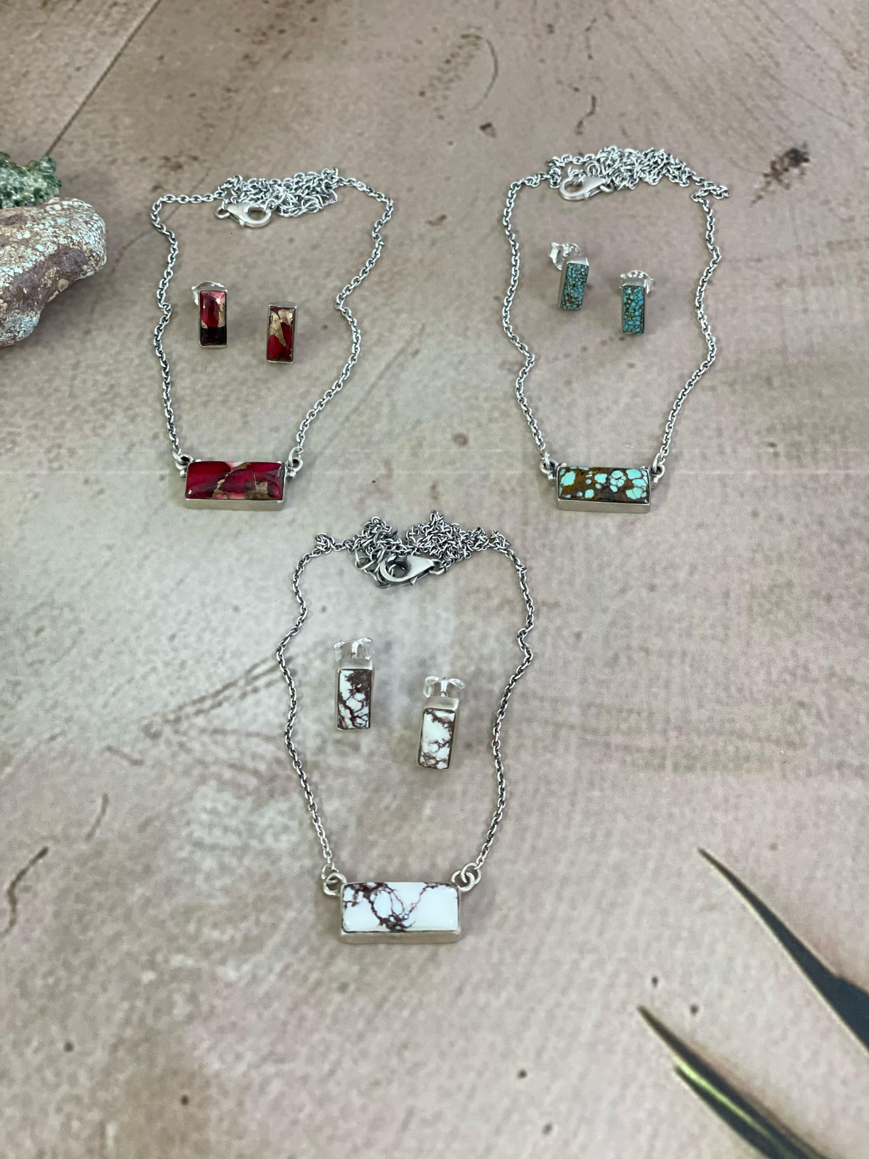 Handmade Sterling Silver Wild Horse, Red Rose Dahlia, No.8 Turquoise Necklace Post Earring Set with Signed Nizhoni