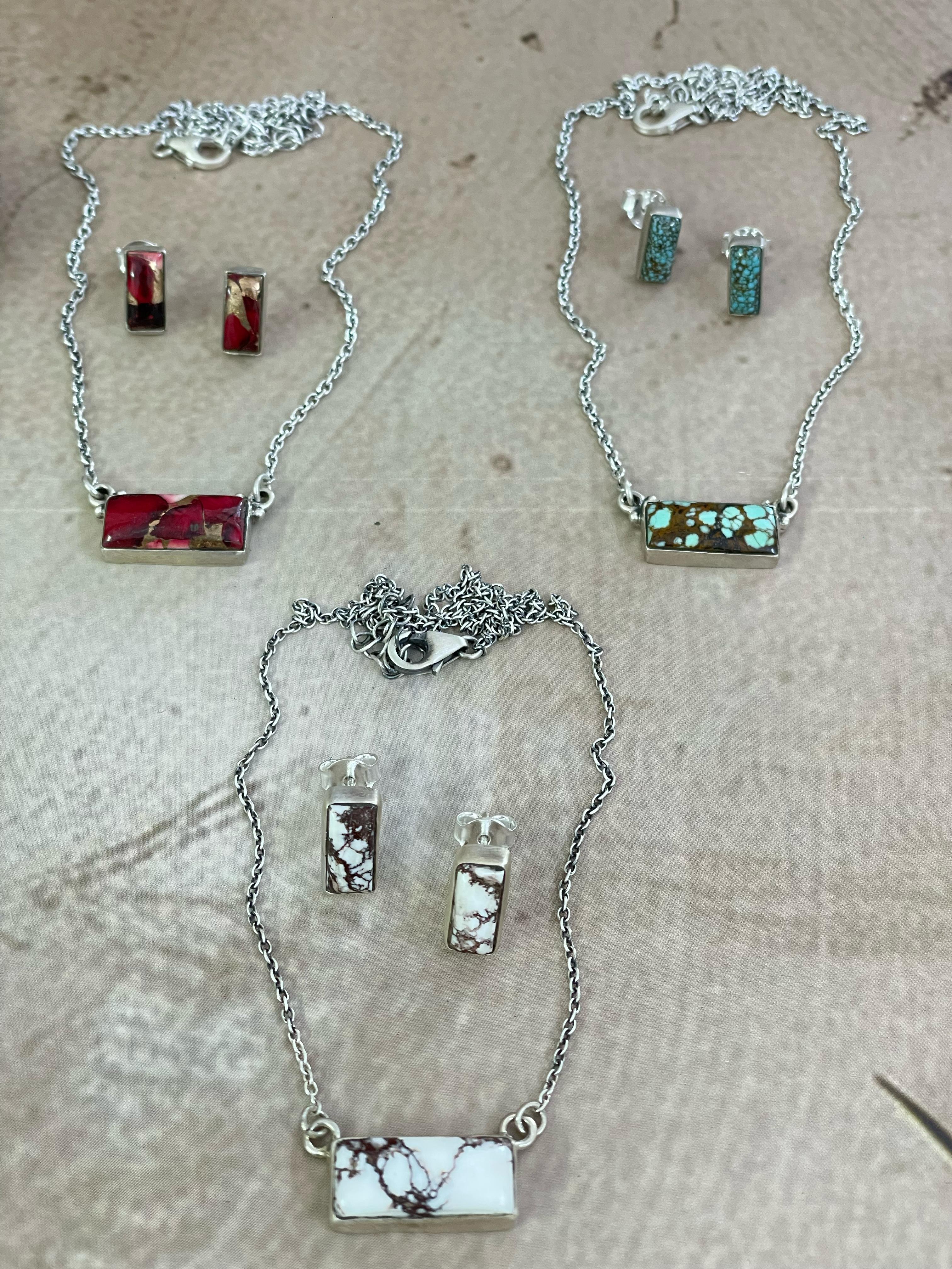 Handmade Sterling Silver Wild Horse, Red Rose Dahlia, No.8 Turquoise Necklace Post Earring Set with Signed Nizhoni