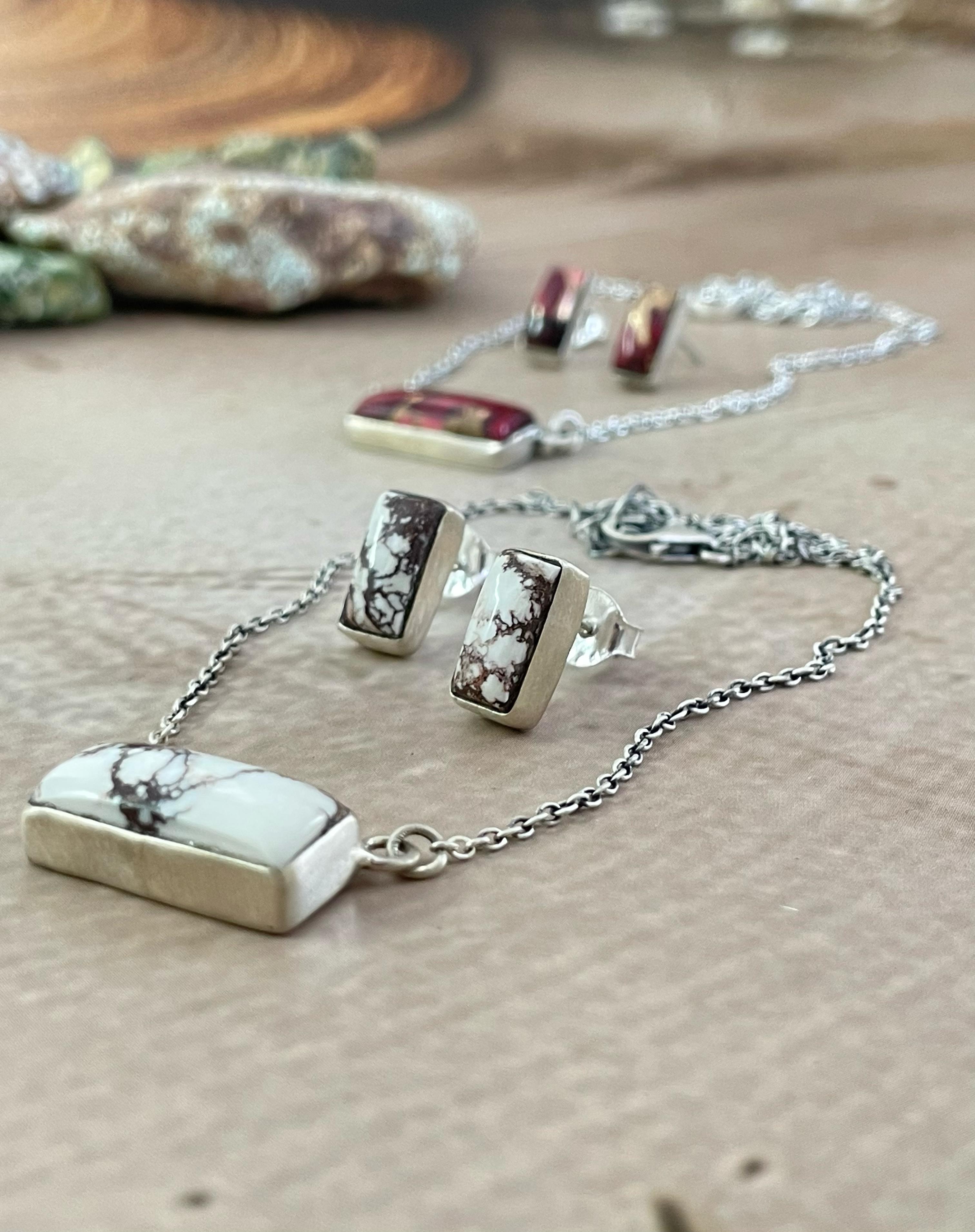 Handmade Sterling Silver Wild Horse, Red Rose Dahlia, No.8 Turquoise Necklace Post Earring Set with Signed Nizhoni